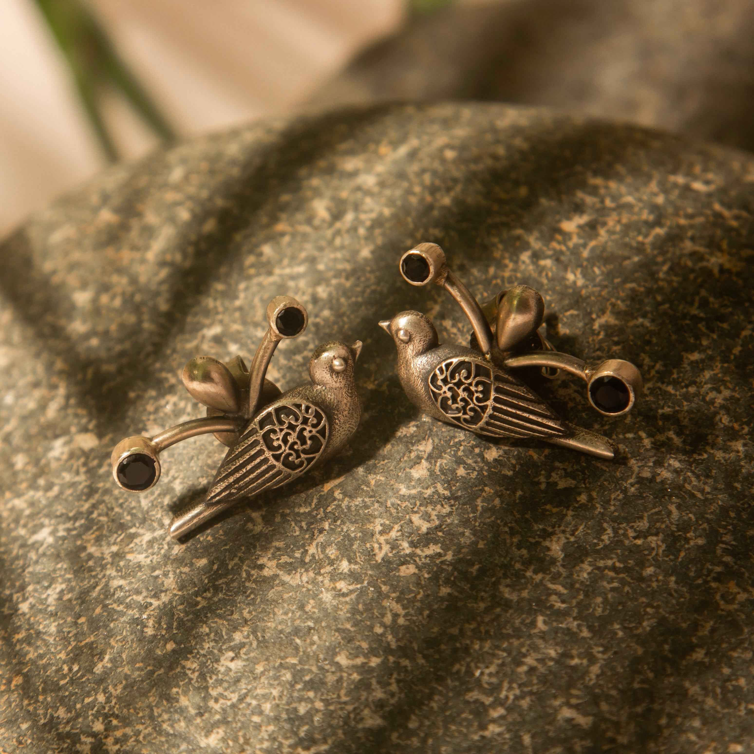 Birds Black Studs Oxidised Silver Earrings