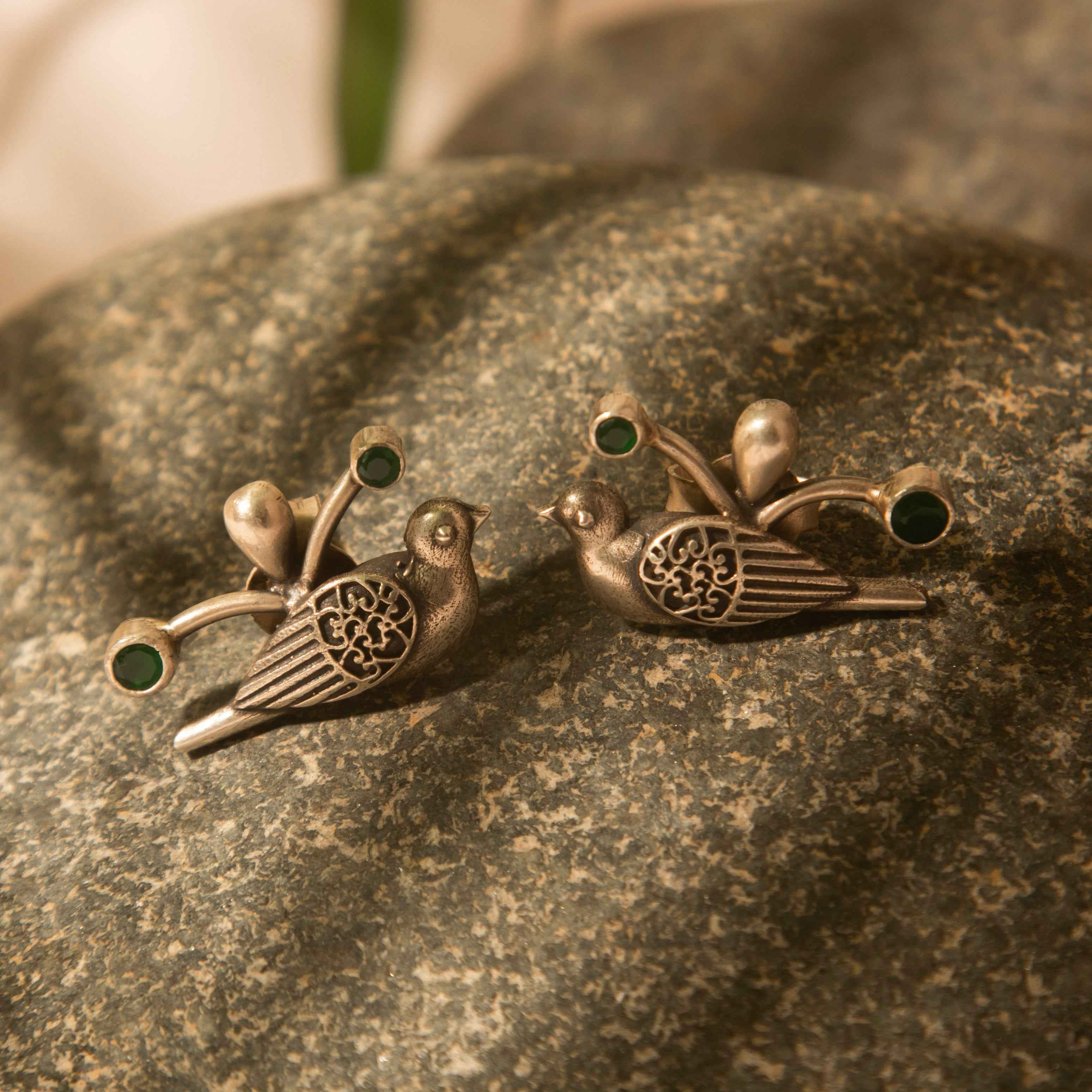 Bird Green Studs Oxidised Silver Earrings