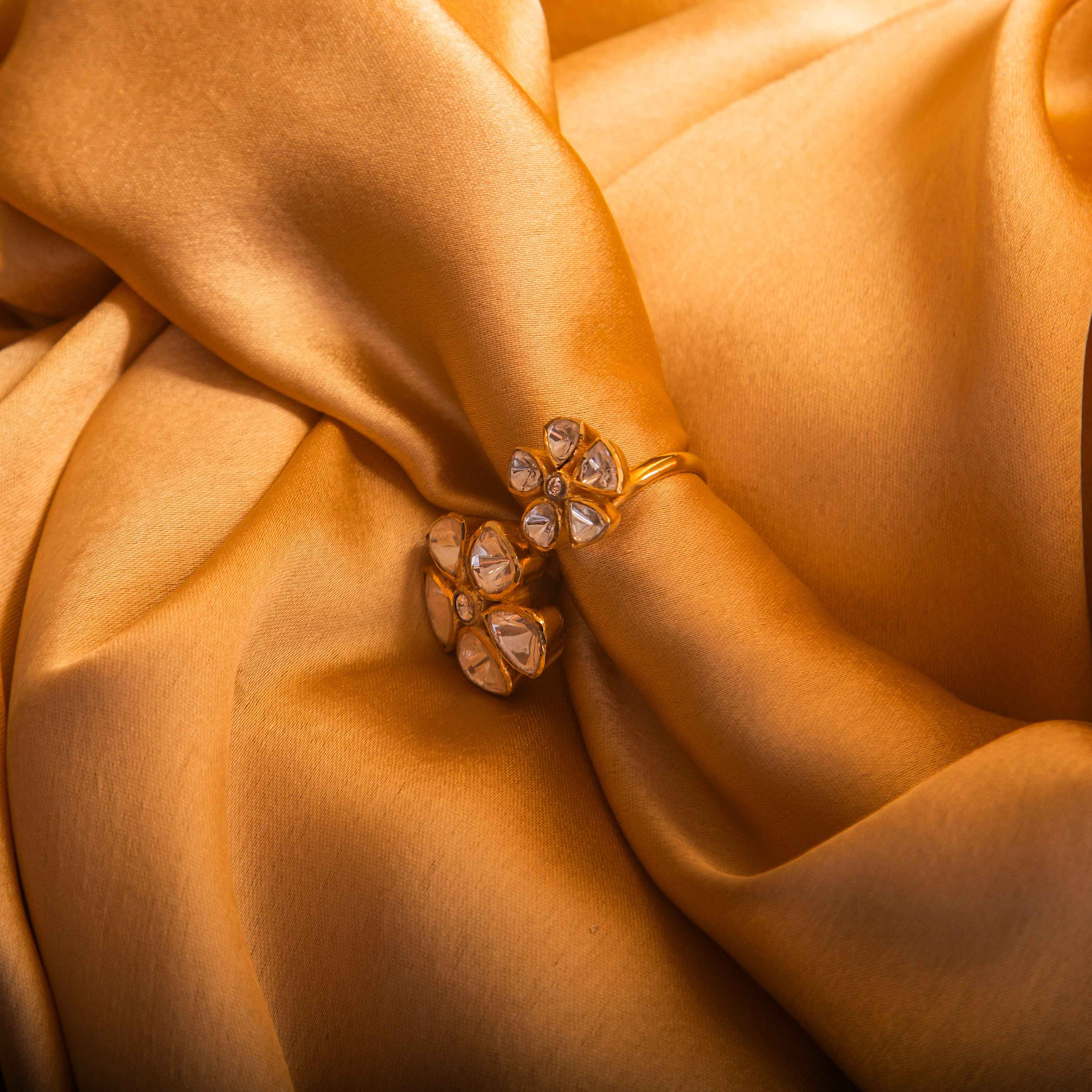 Moissanite Polki Adjustable 925 Silver Floral Ring