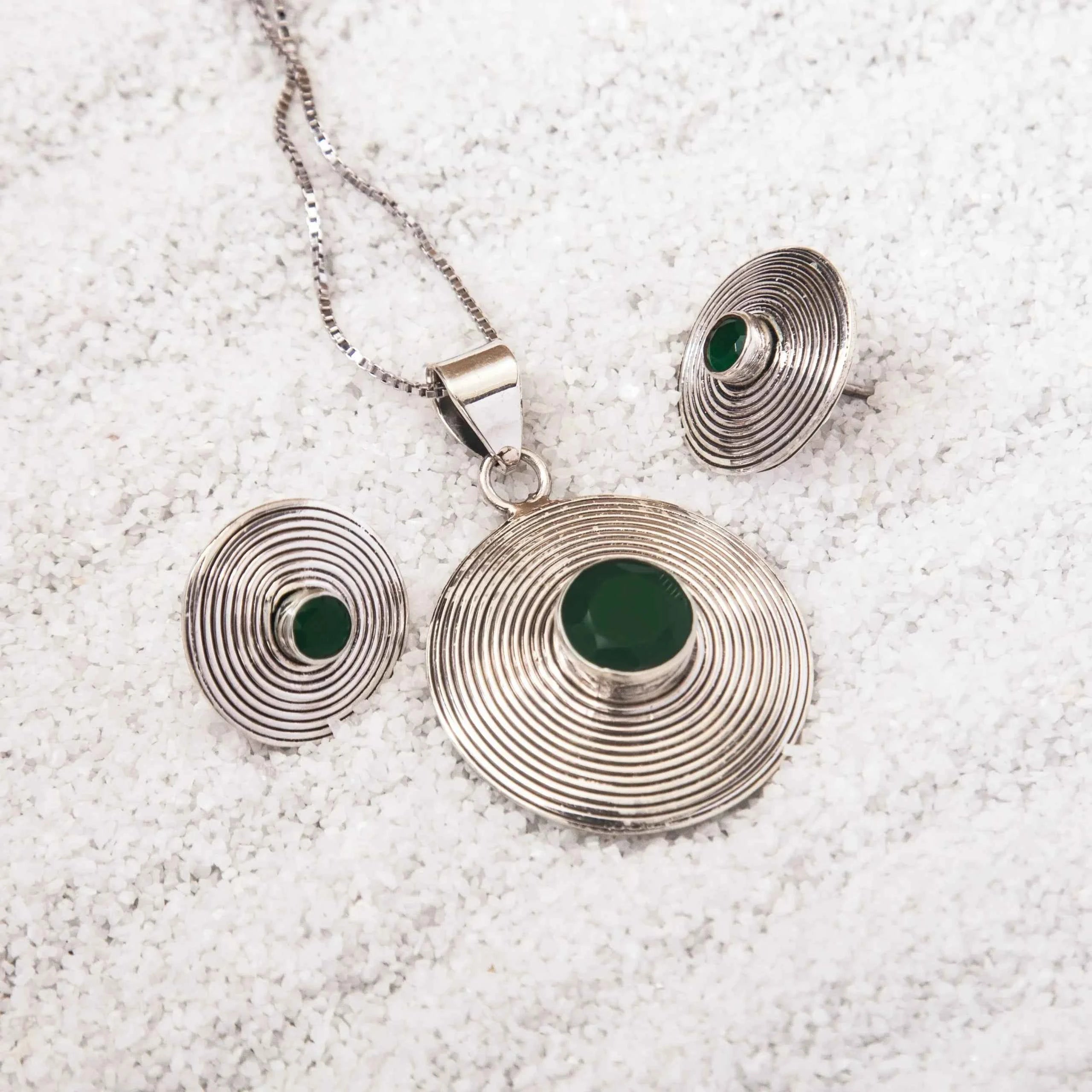 Concentric Green 925 Silver Pendant Set