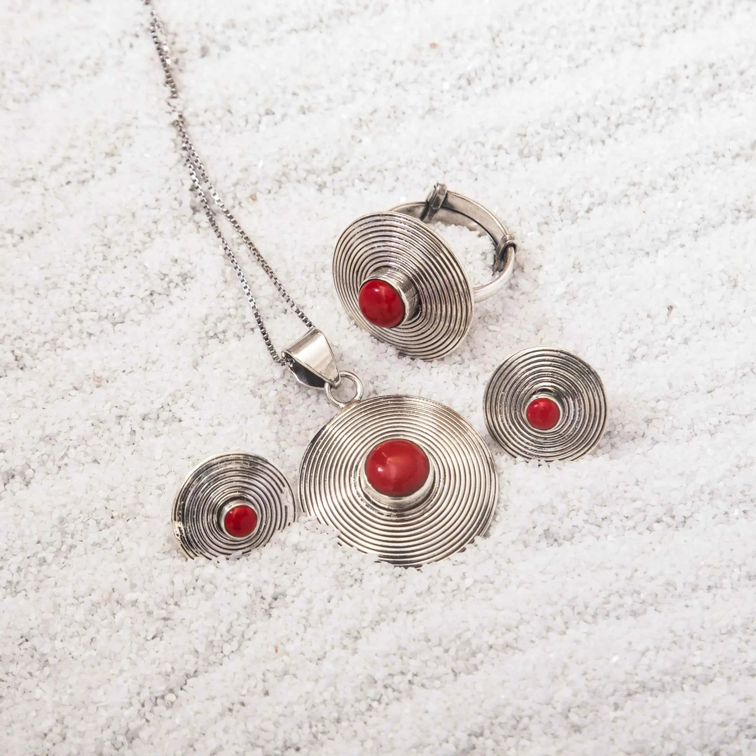 Concentric Red 925 Silver Pendant Set