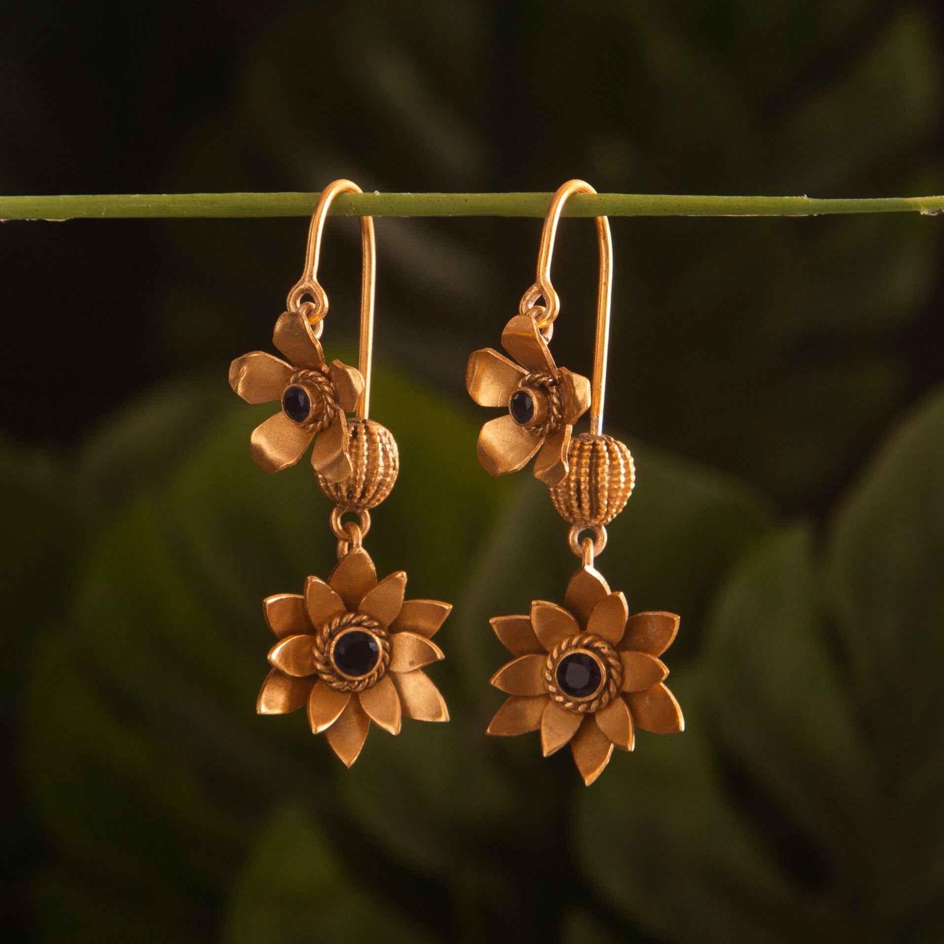 Floral Silver Danglers in 22K Gold Plating (Black)