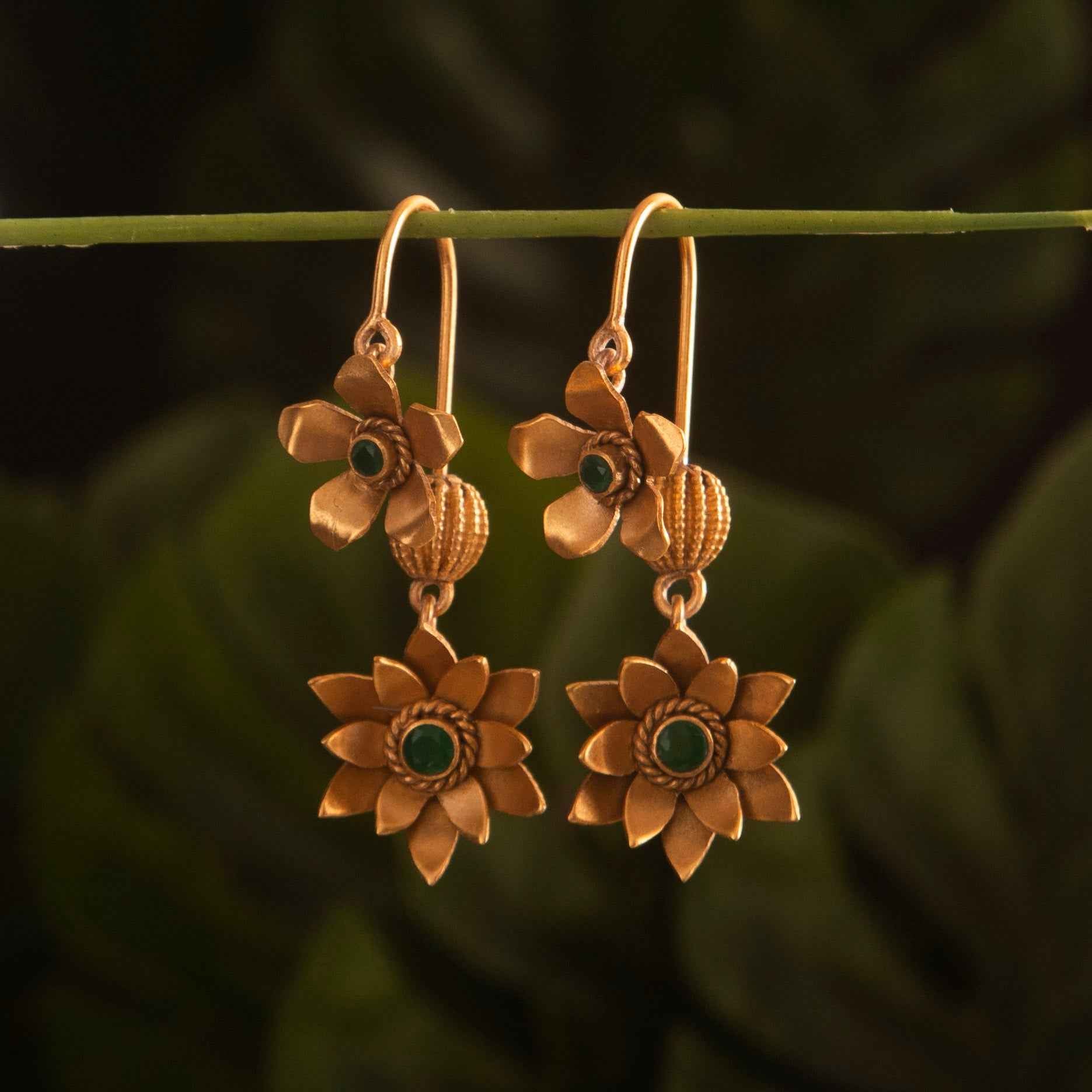 Floral Silver Danglers in 22K Gold Plating (Green)