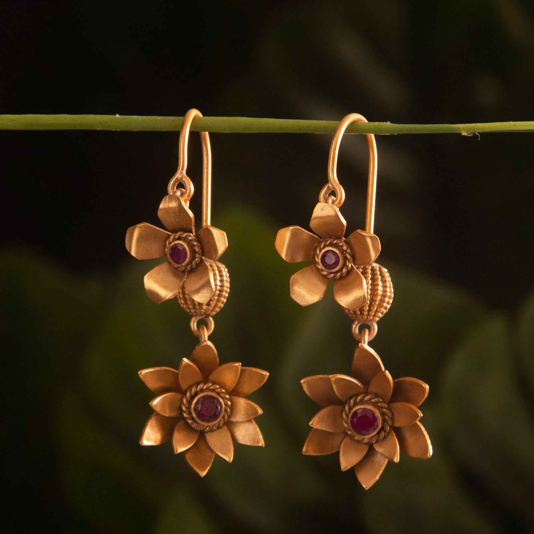 Floral Silver Danglers in 22K Gold Plating (Ruby)
