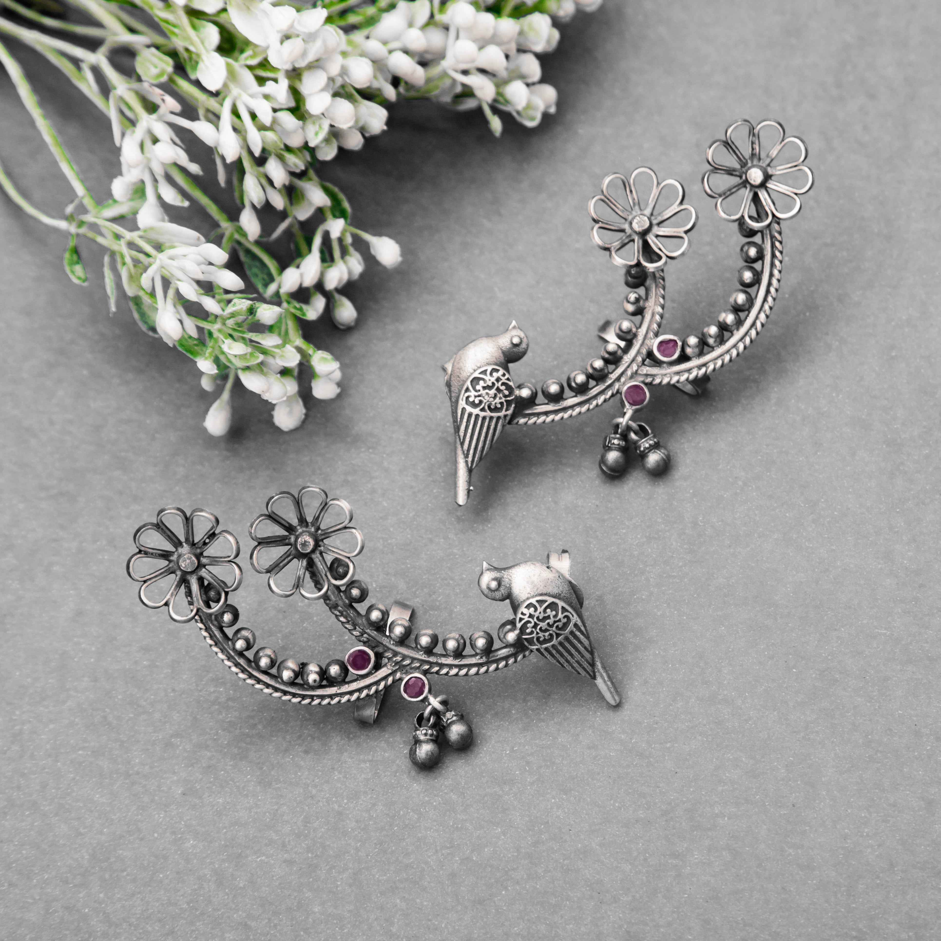 Floral Bird Sterling Silver Ear Cuff in Oxidized Finish