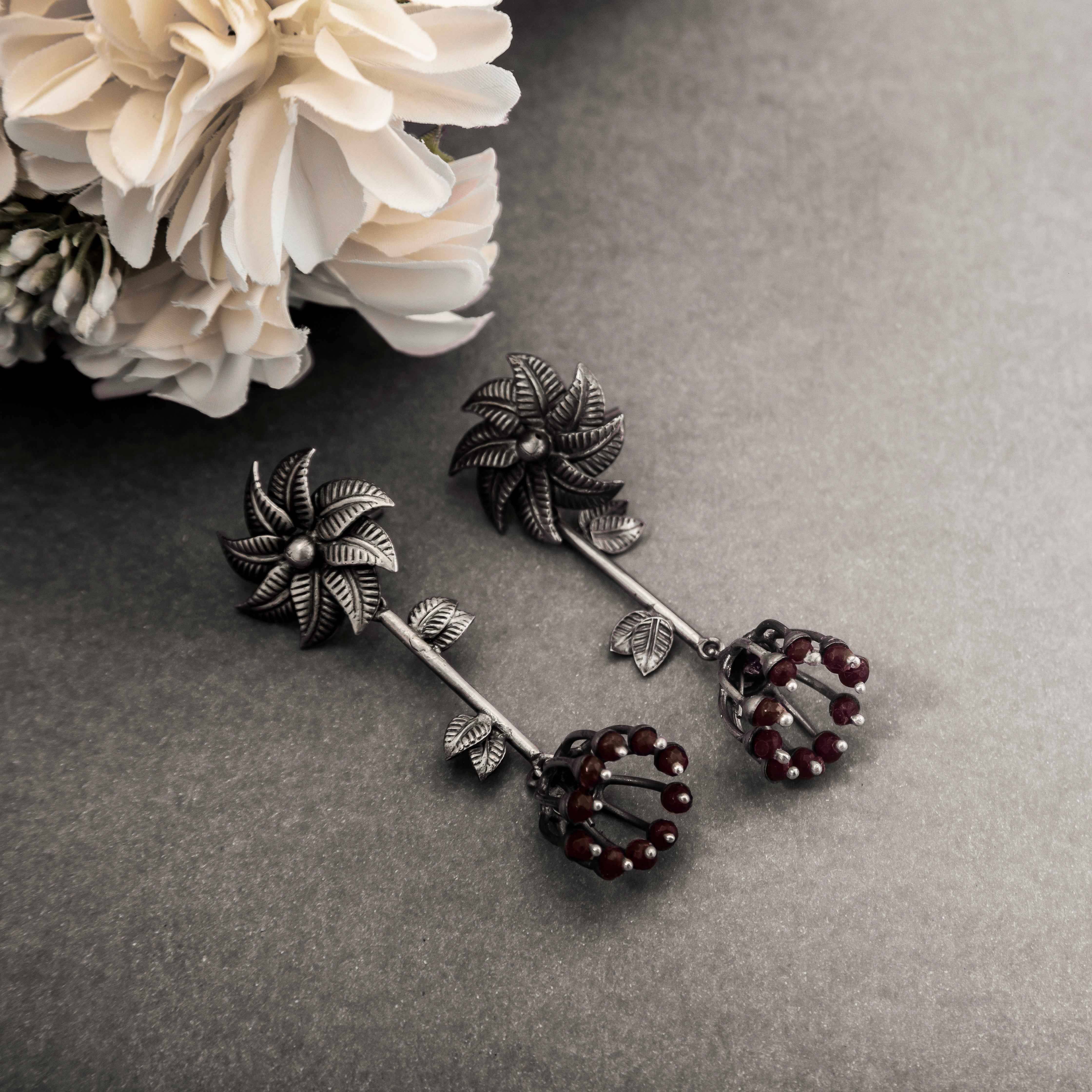 Floral Drop Oxidised Silver Earrings with Ruby Beads