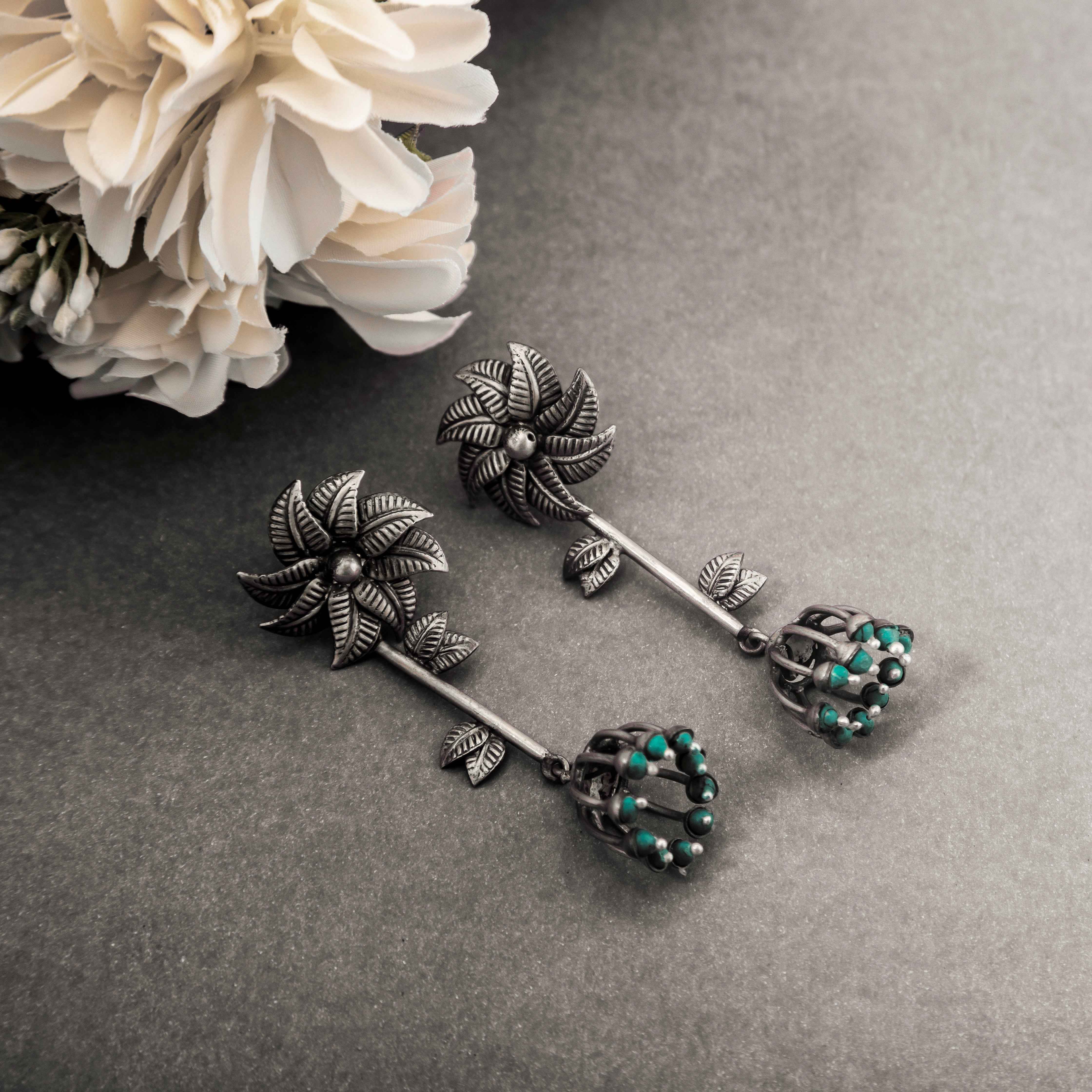 Floral Drop Oxidised Silver Earrings with Turquoise Beads