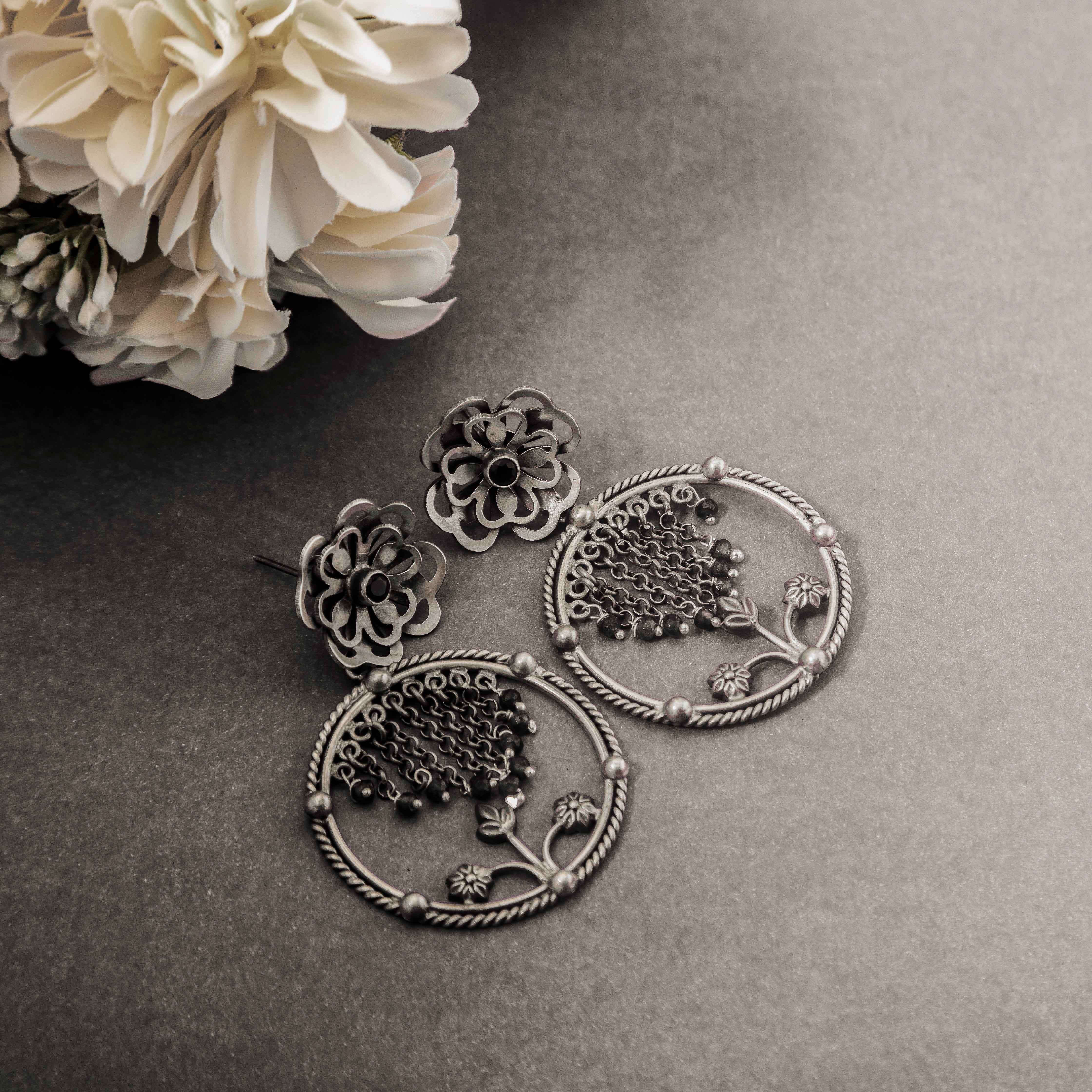 Floral Dangling Oxidized Silver Earrings with Black Beads