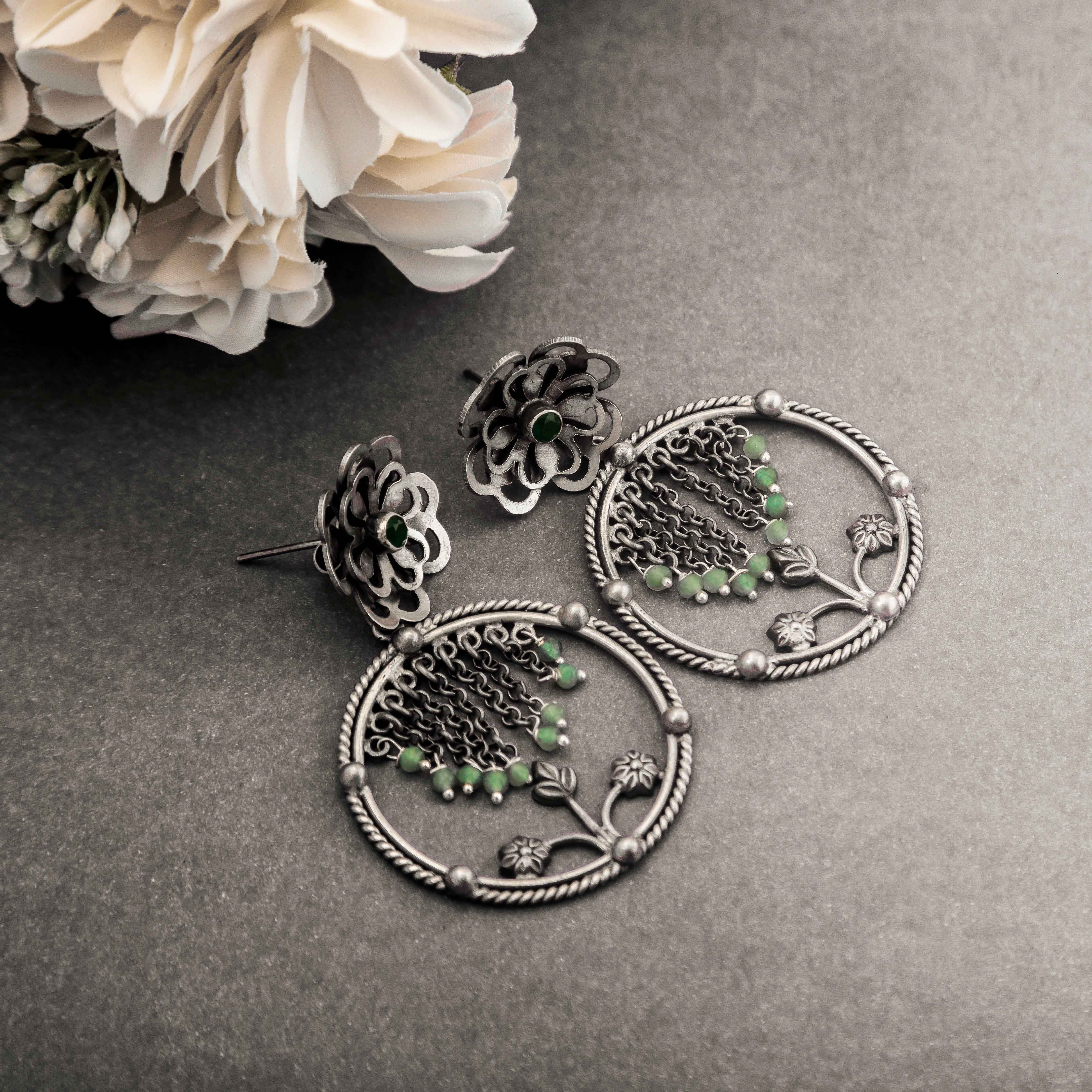 Floral Dangling Oxidized Silver Earrings with Green Beads