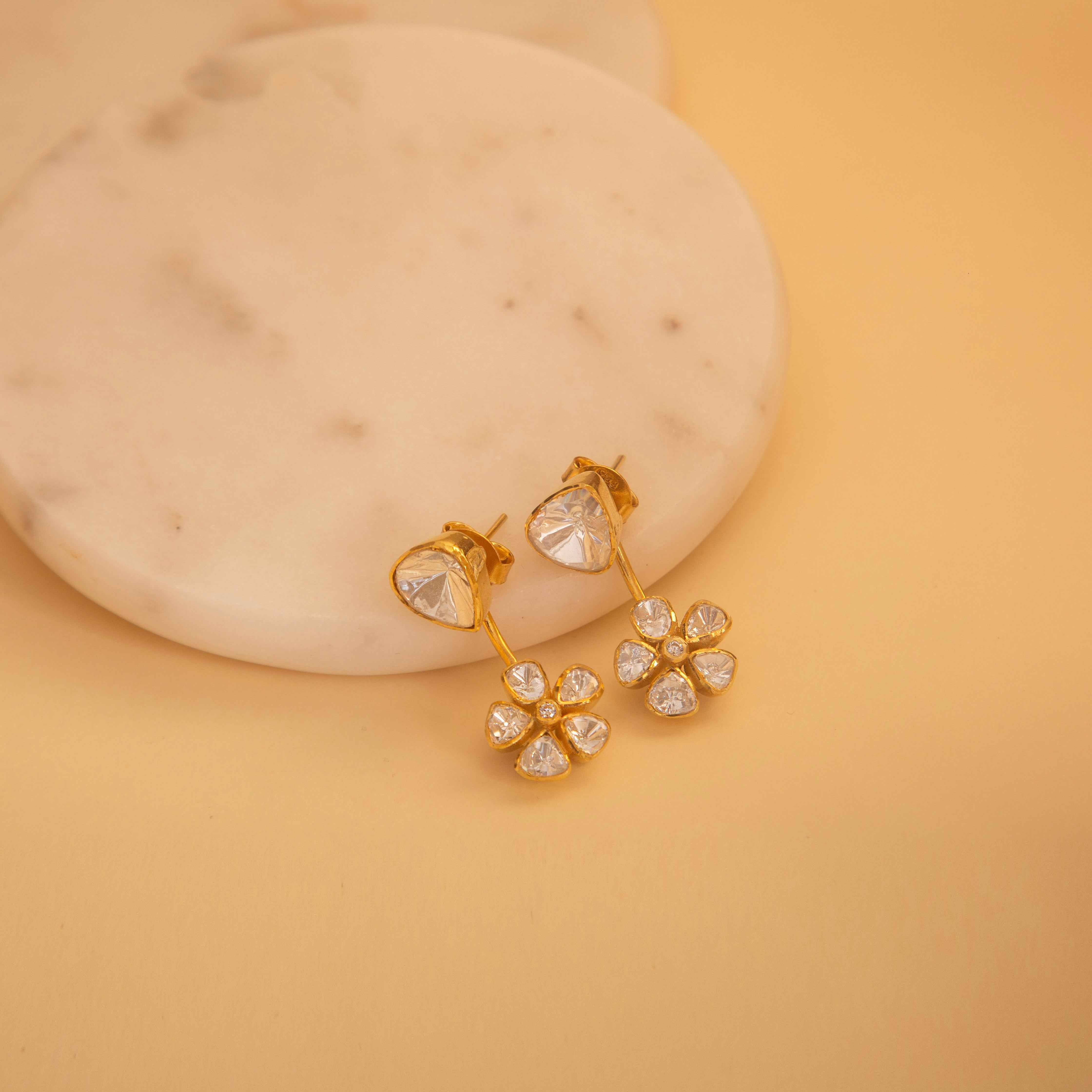 Floral Screw Back Sterling Silver Earrings with Moissanite Polki