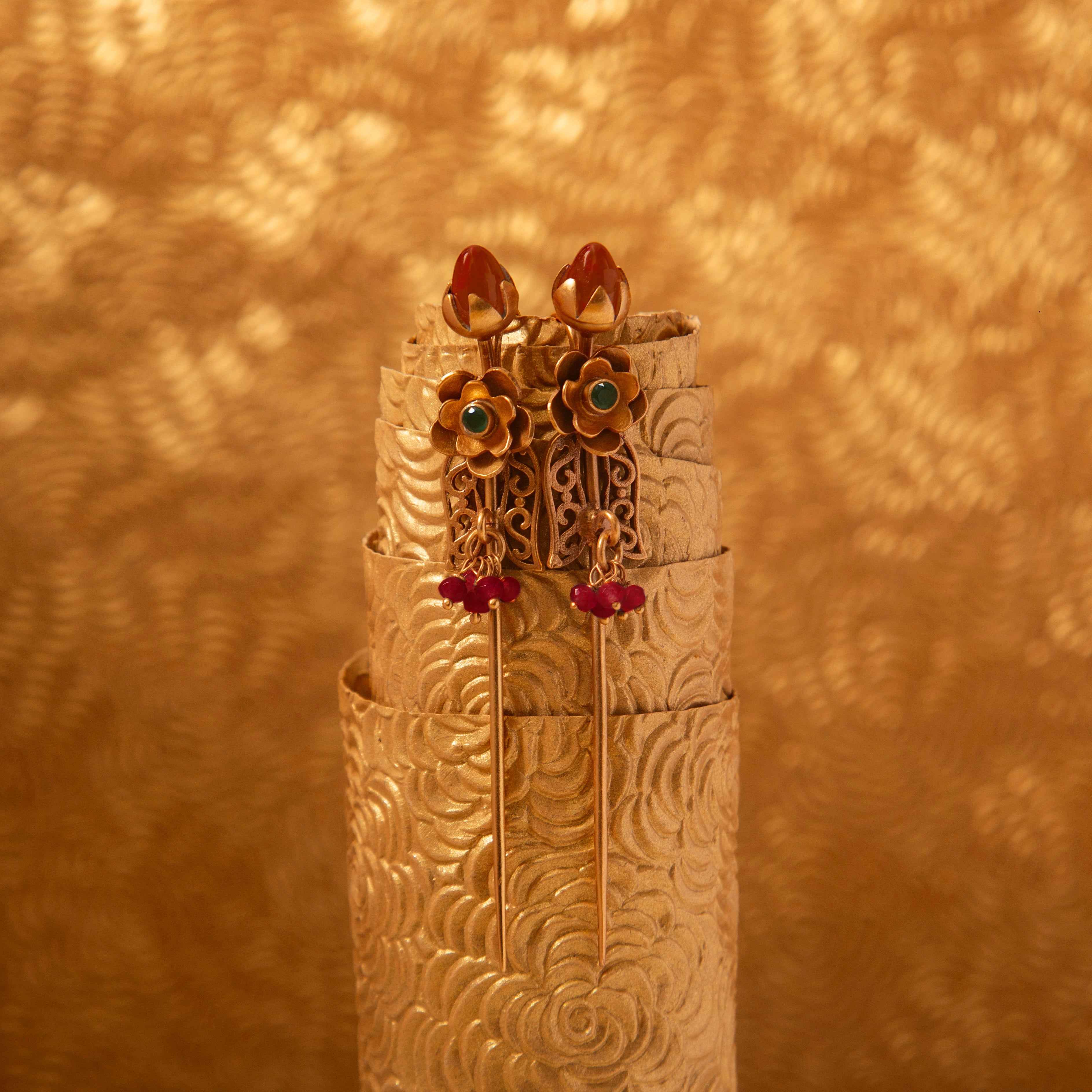 Antique Gold Needle 925 Silver Ear Cuff Orange