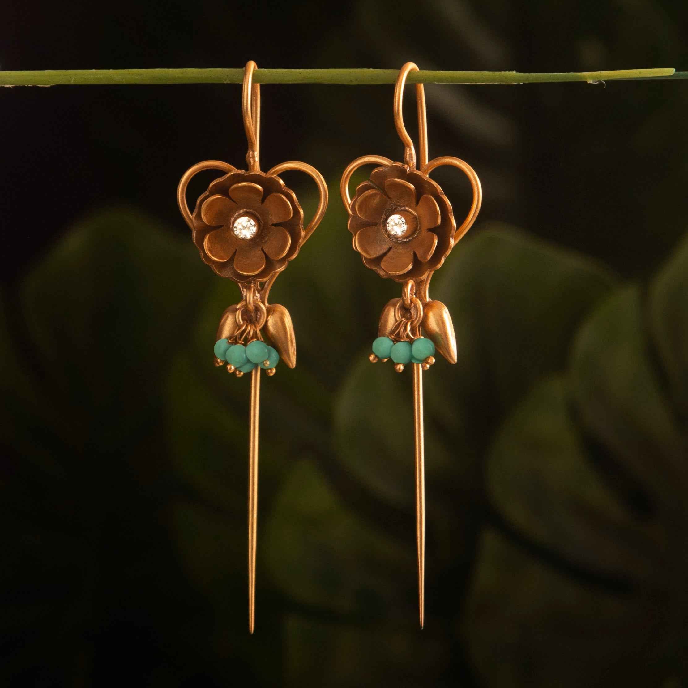 Gold Bloom Needle 925 Silver Ear Cuff with Turquoise  Beads