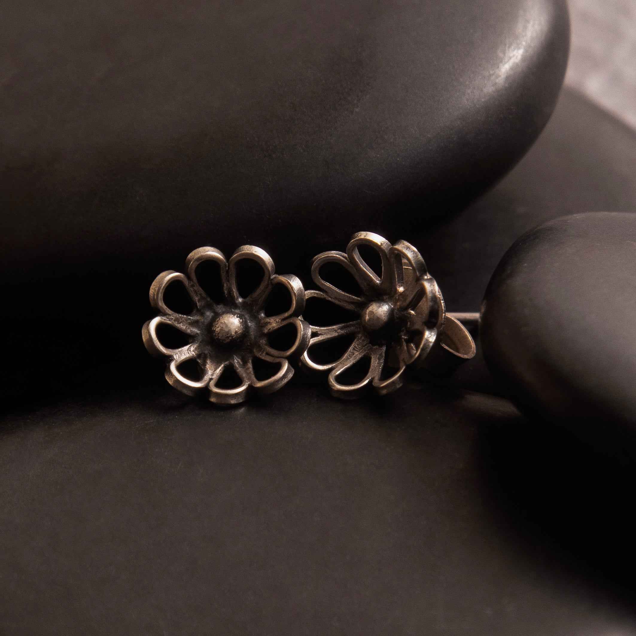 Silver Stud Earrings in Oxidised Finish