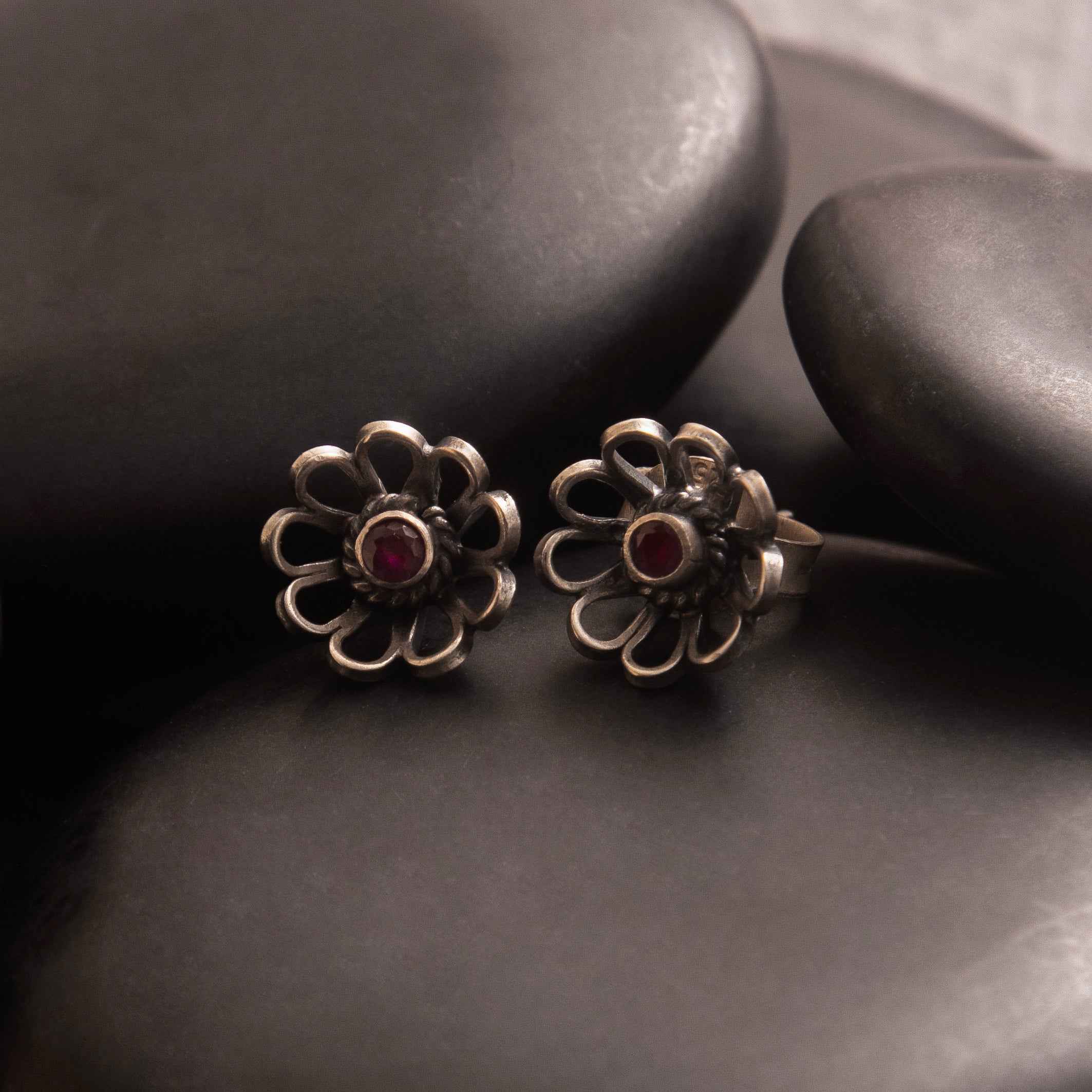 Ruby Stud Earrings in Oxidised Silver