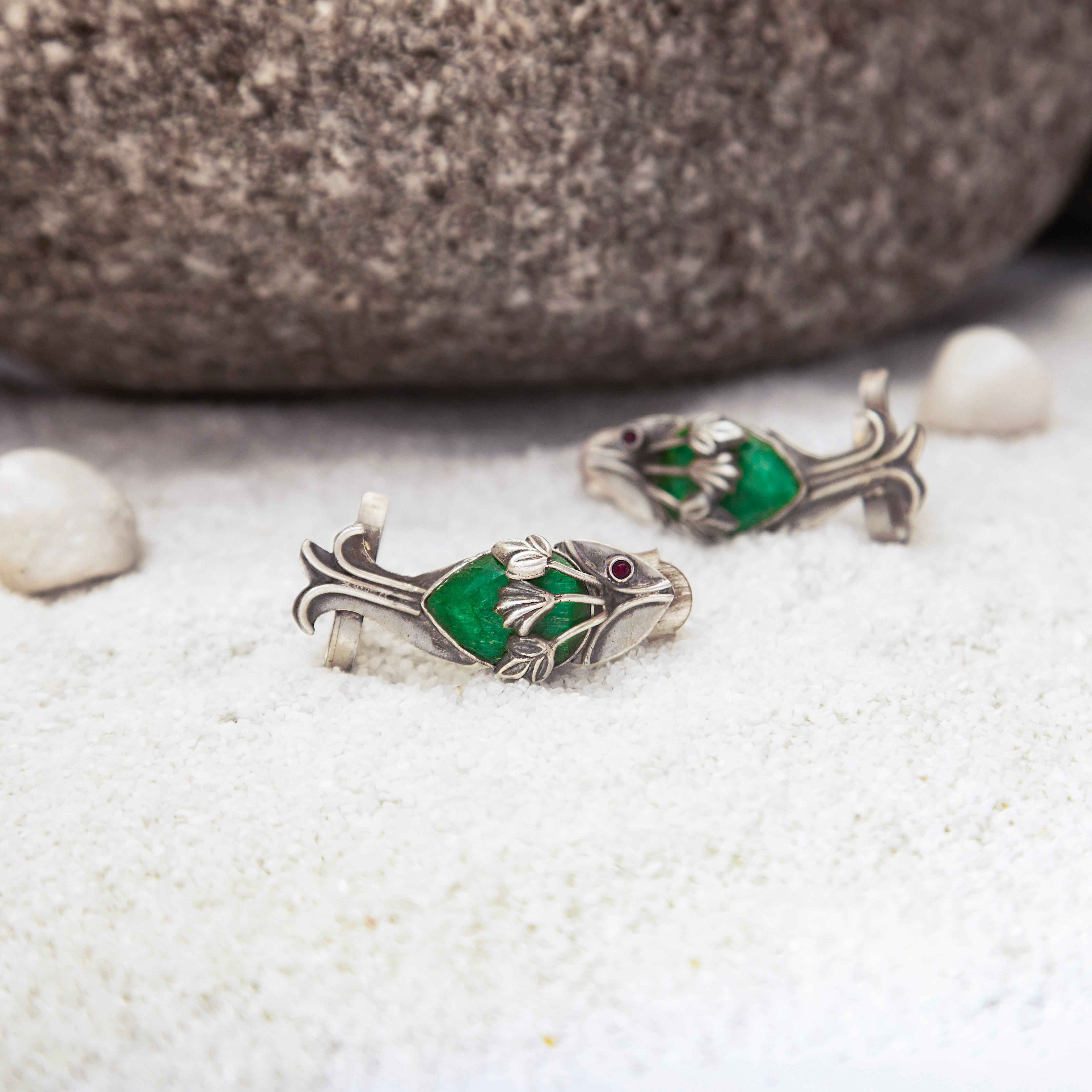 Fish 925 Silver Ear Cuff  With Green Stone