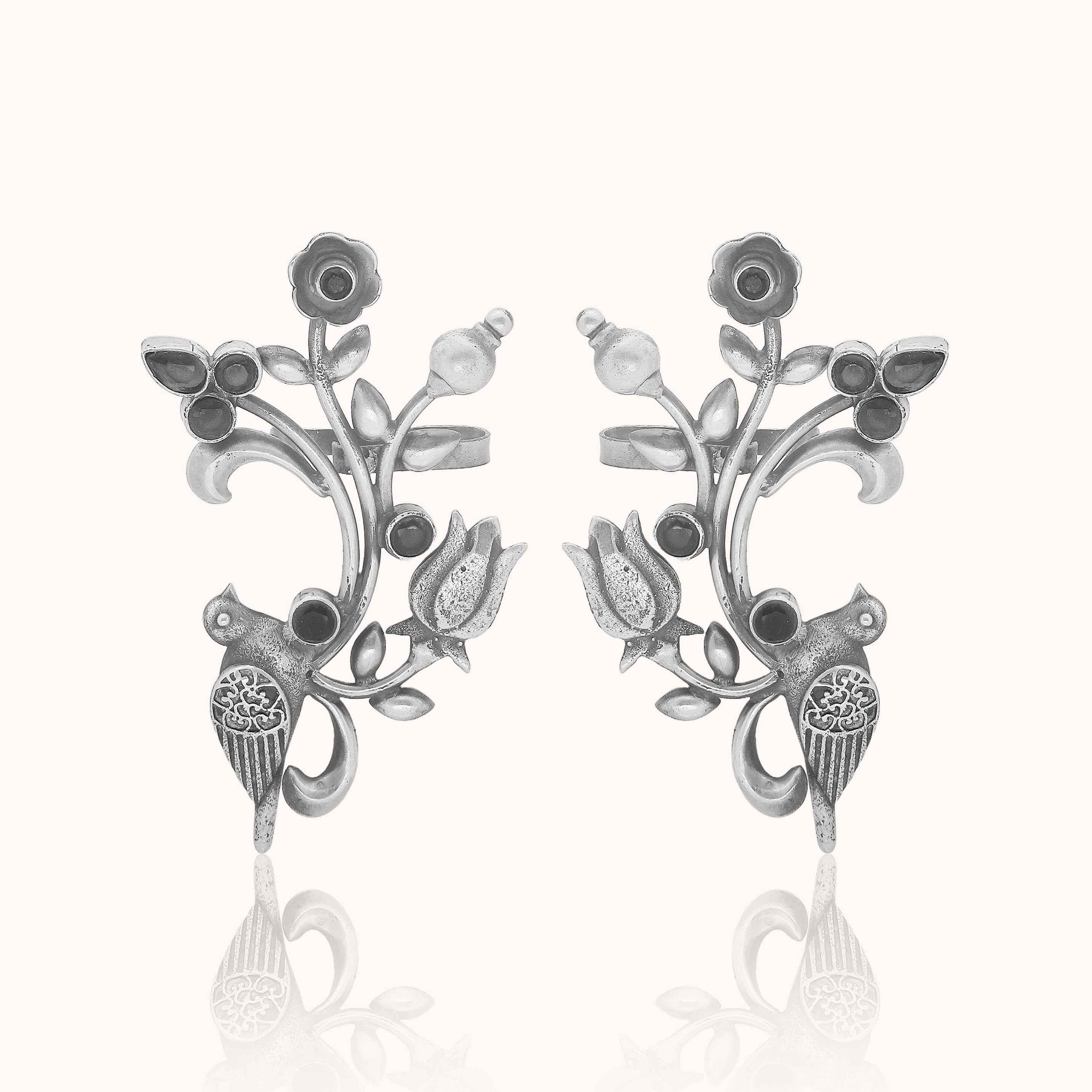 Bird & Flowers 925 Silver Ear Cuff With Black Accents