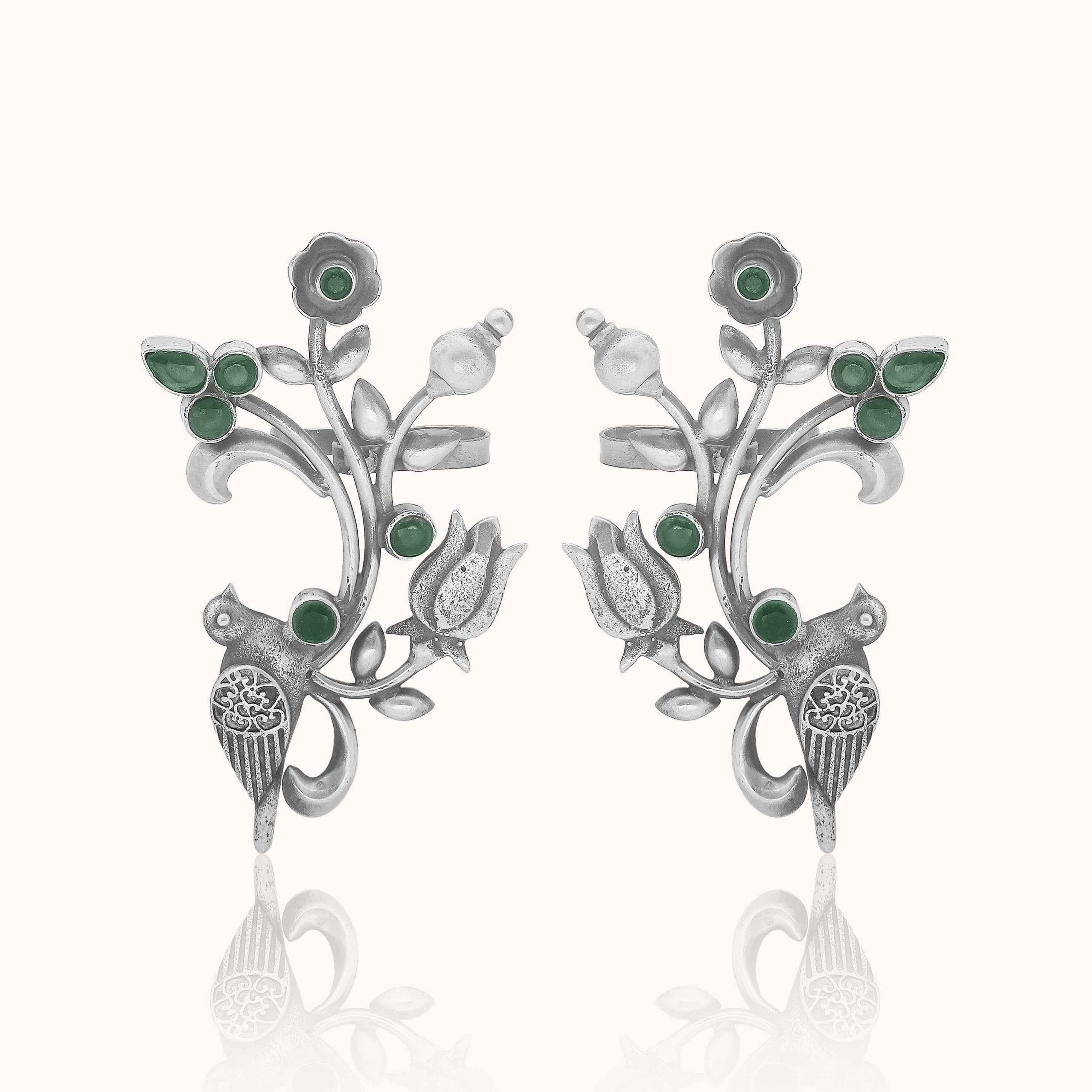 Bird & Flowers 925 Silver Ear Cuff With Green Stones