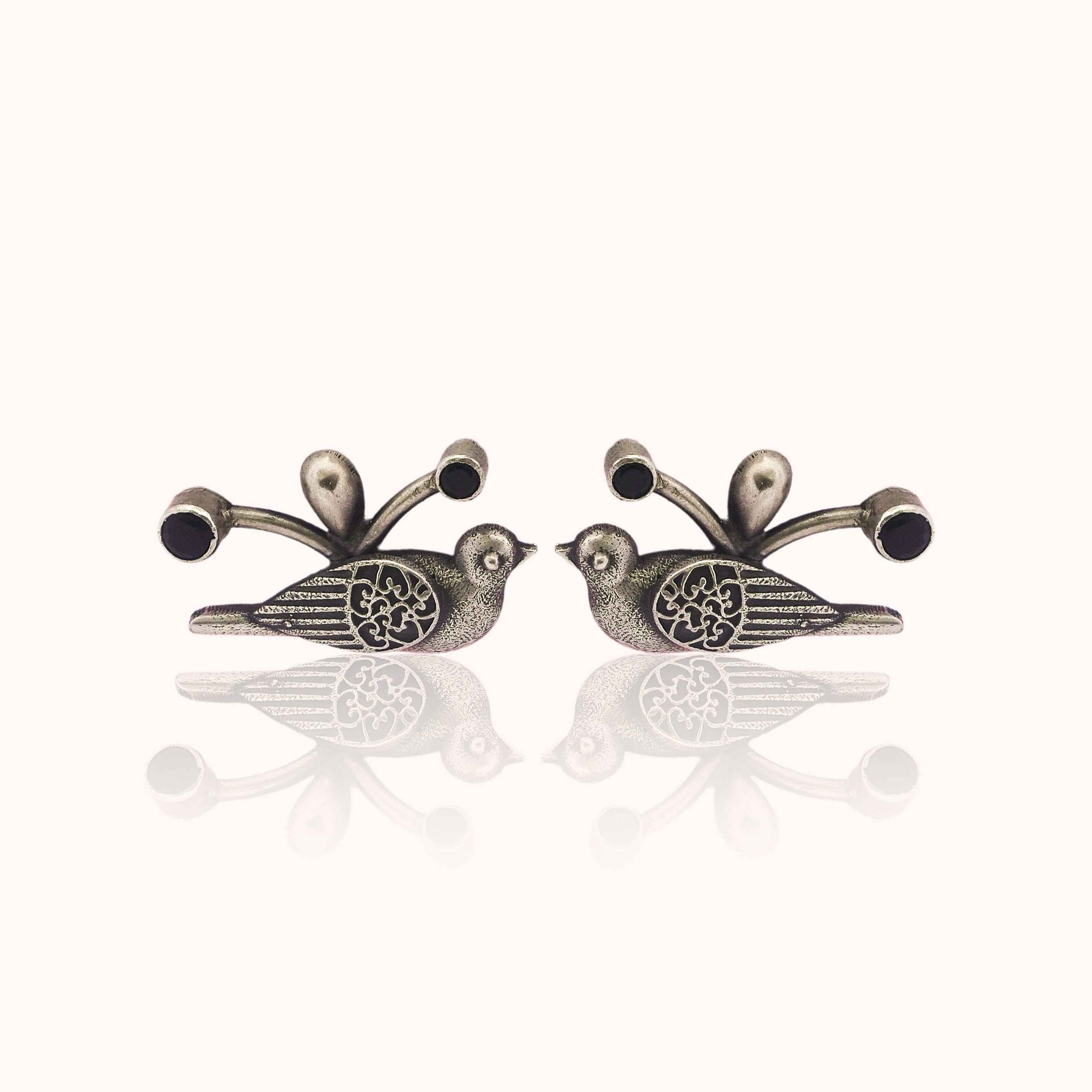 Birds Black Studs Oxidised Silver Earrings
