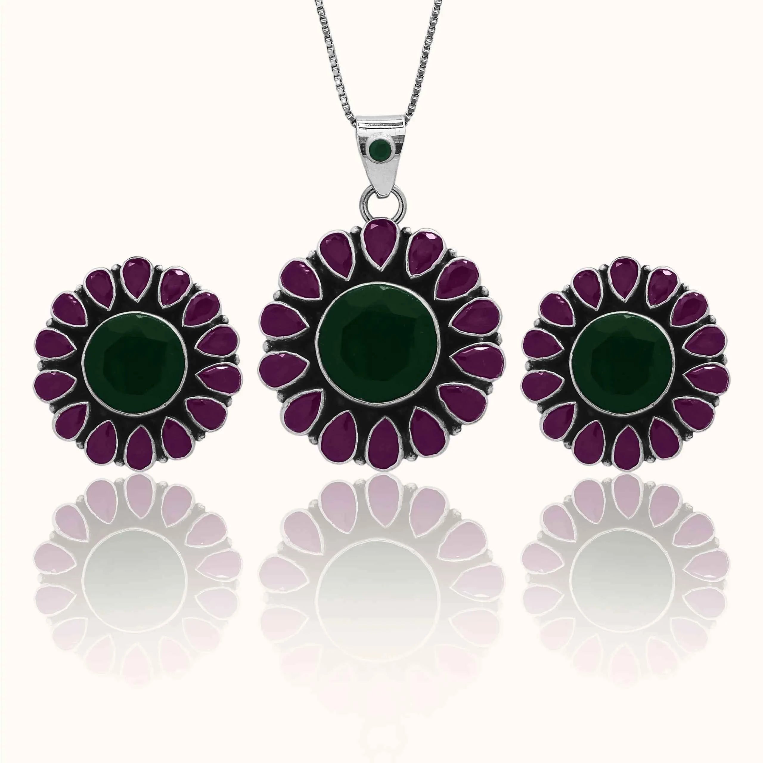 Blooming Ruby Emerald 925 Silver Pendant Set