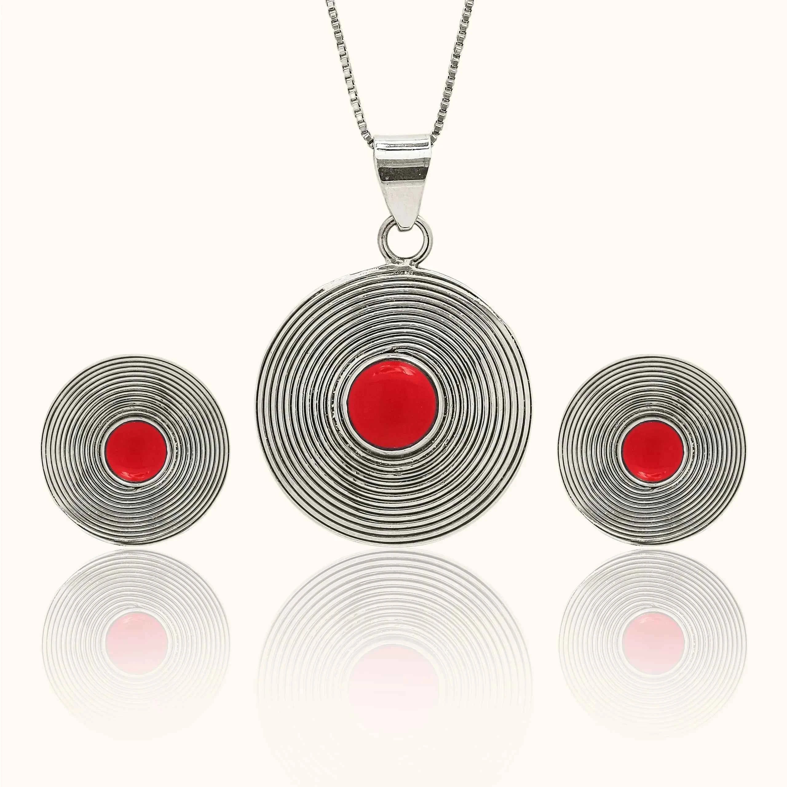 Concentric Red 925 Silver Pendant Set