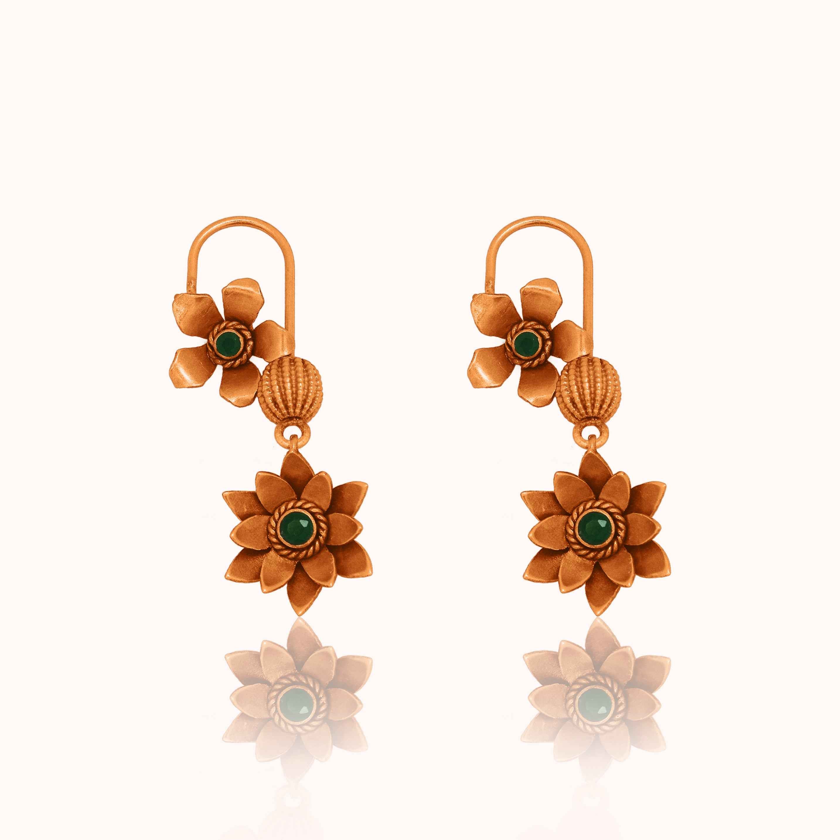 Floral Silver Danglers in 22K Gold Plating (Green)