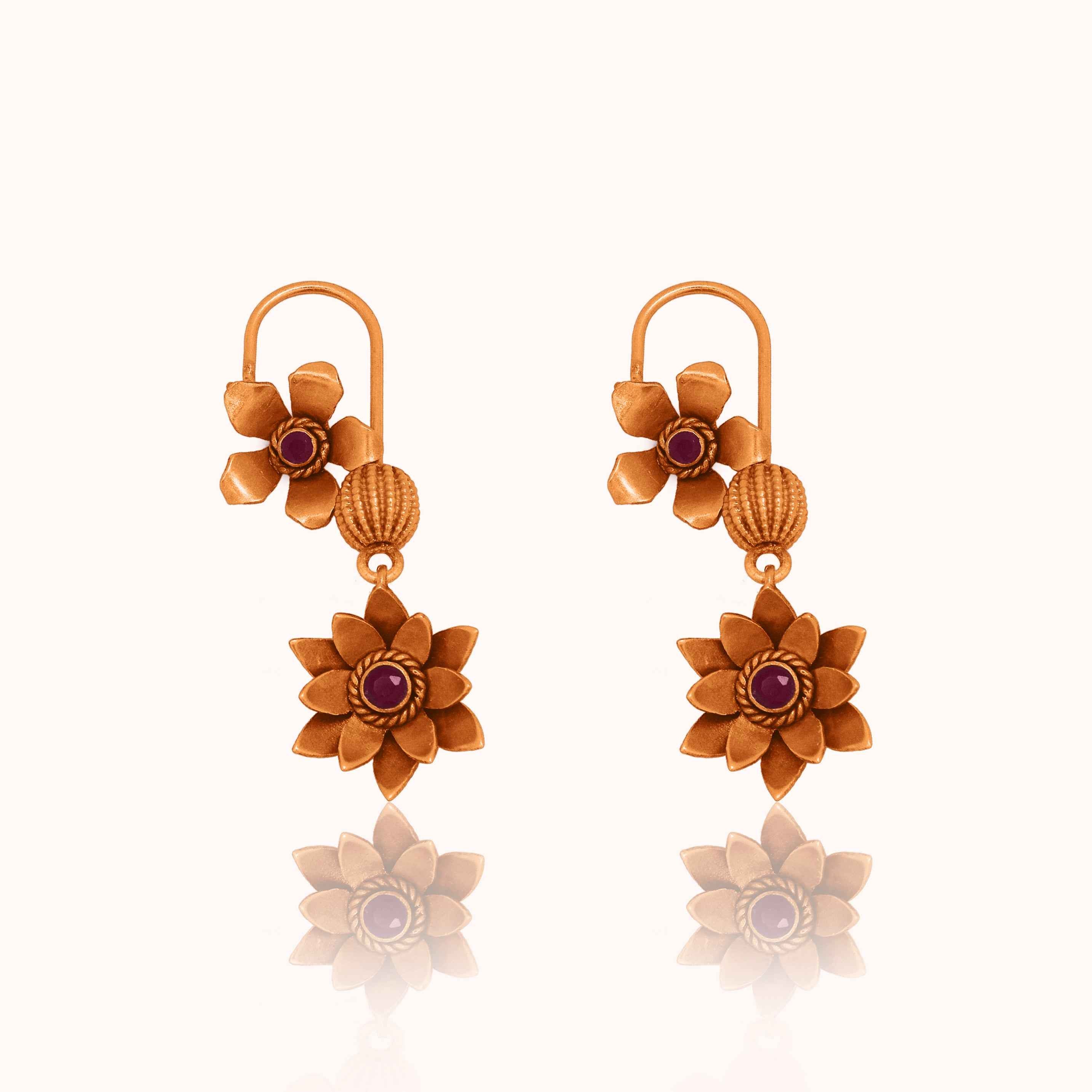 Floral Silver Danglers in 22K Gold Plating (Ruby)