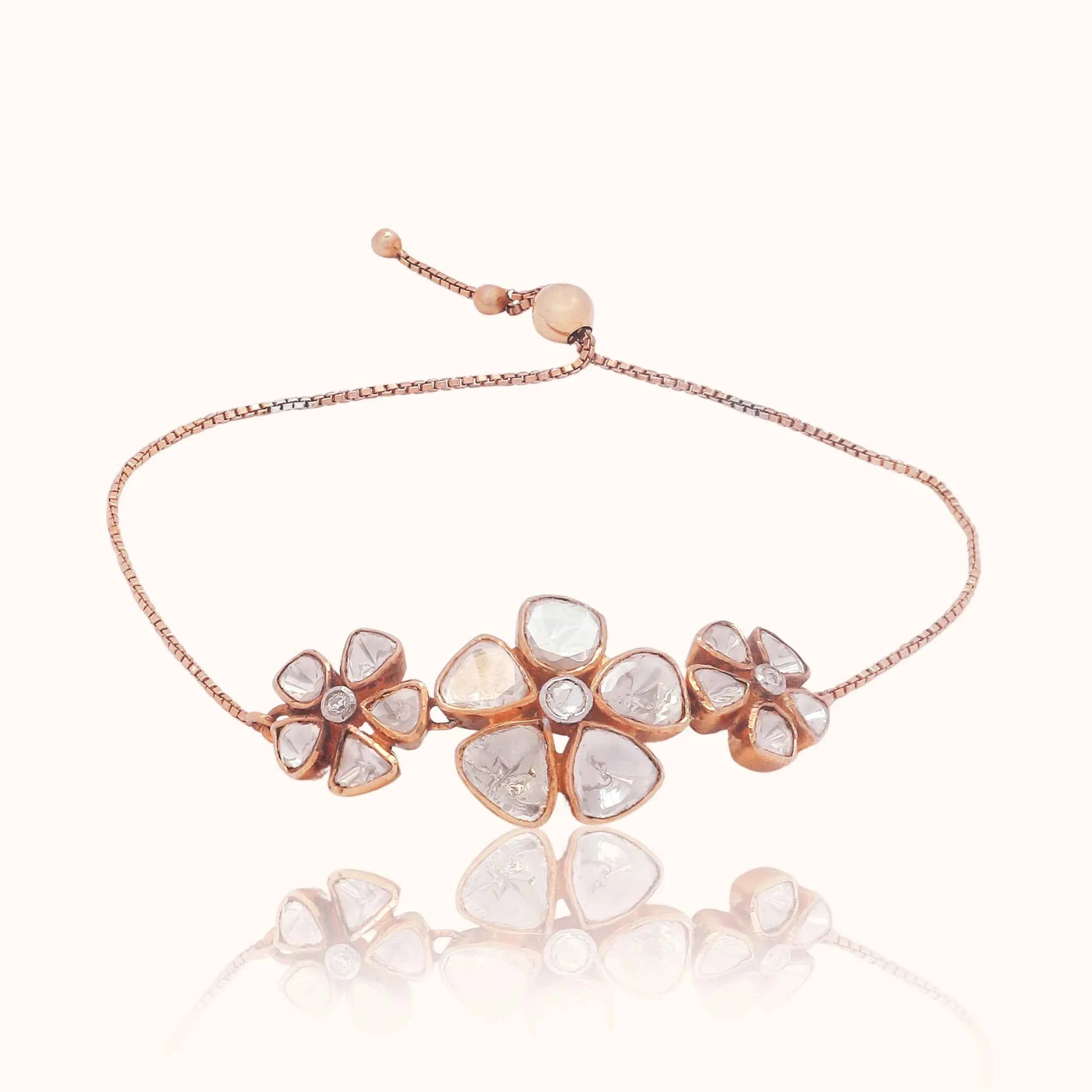 Floral Kundan Polki 925 Silver Bracelet with 22K Gold Plating