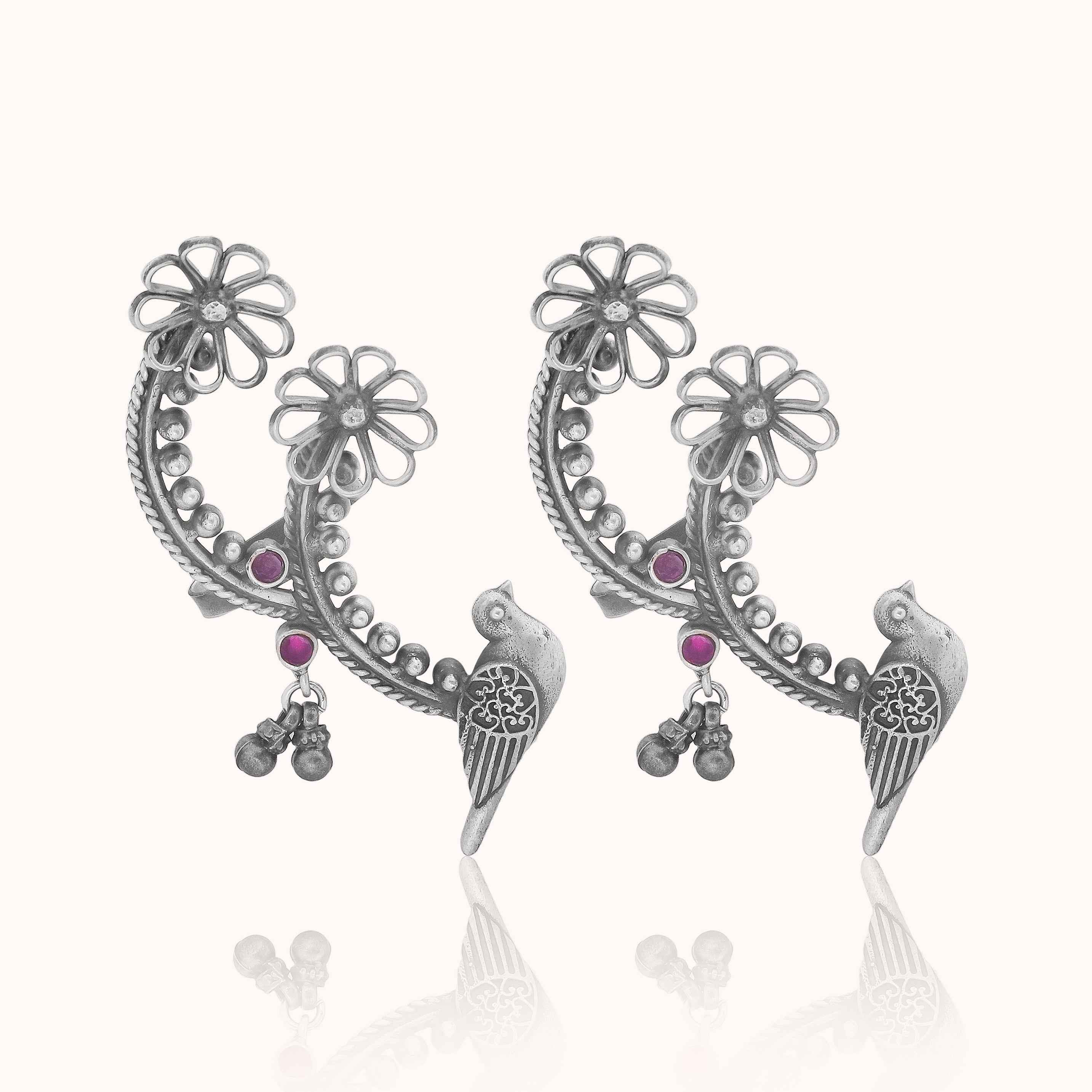 Floral Bird Sterling Silver Ear Cuff in Oxidized Finish