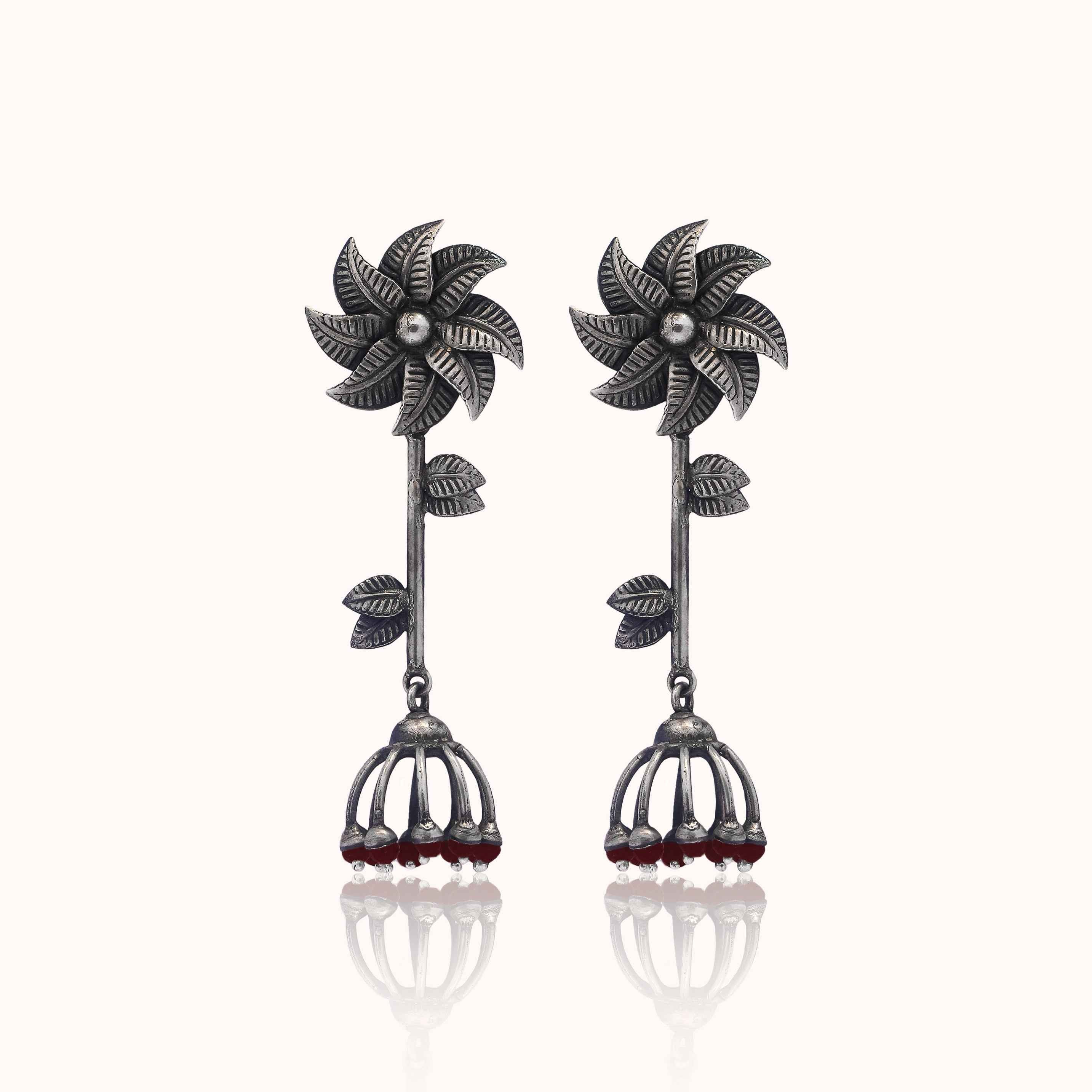 Floral Drop Oxidised Silver Earrings with Ruby Beads