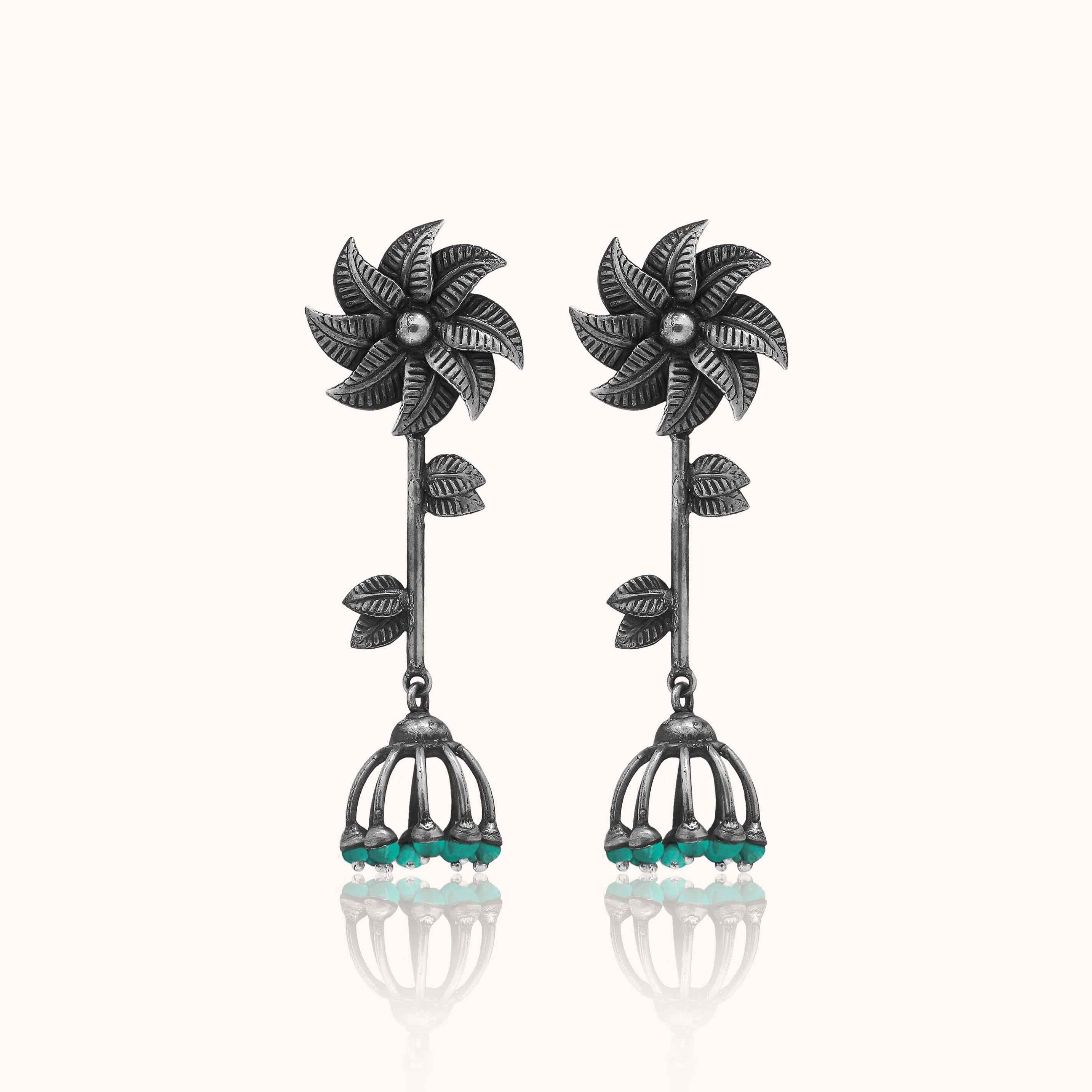 Floral Drop Oxidised Silver Earrings with Turquoise Beads