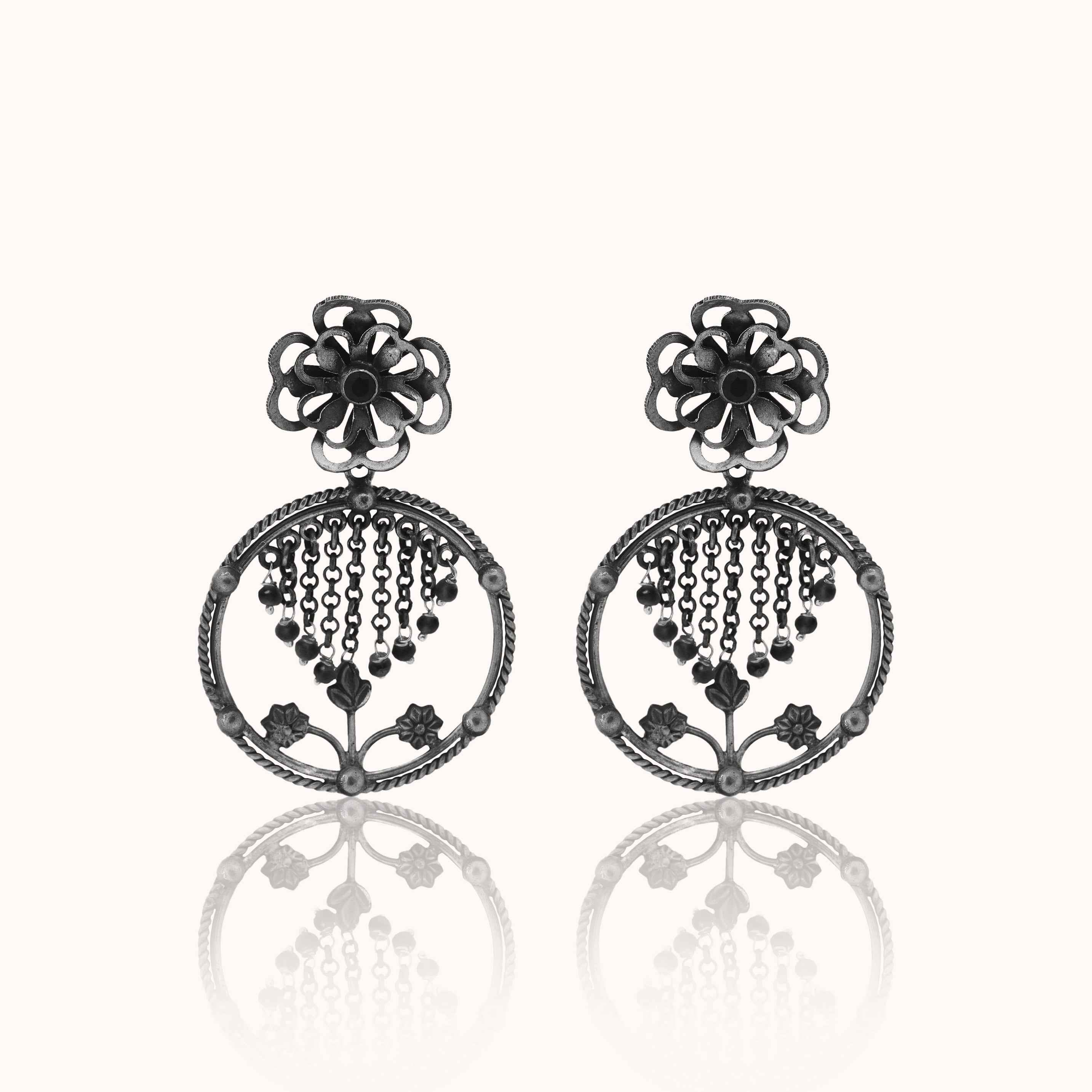 Floral Dangling Oxidized Silver Earrings with Black Beads