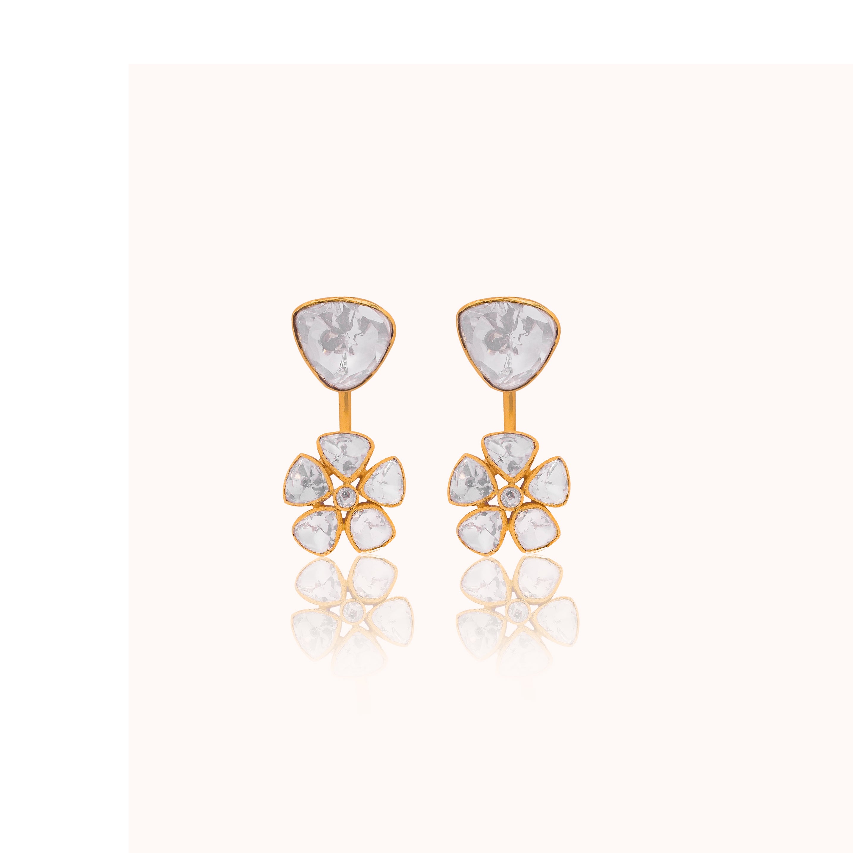 Floral Screw Back Sterling Silver Earrings with Moissanite Polki