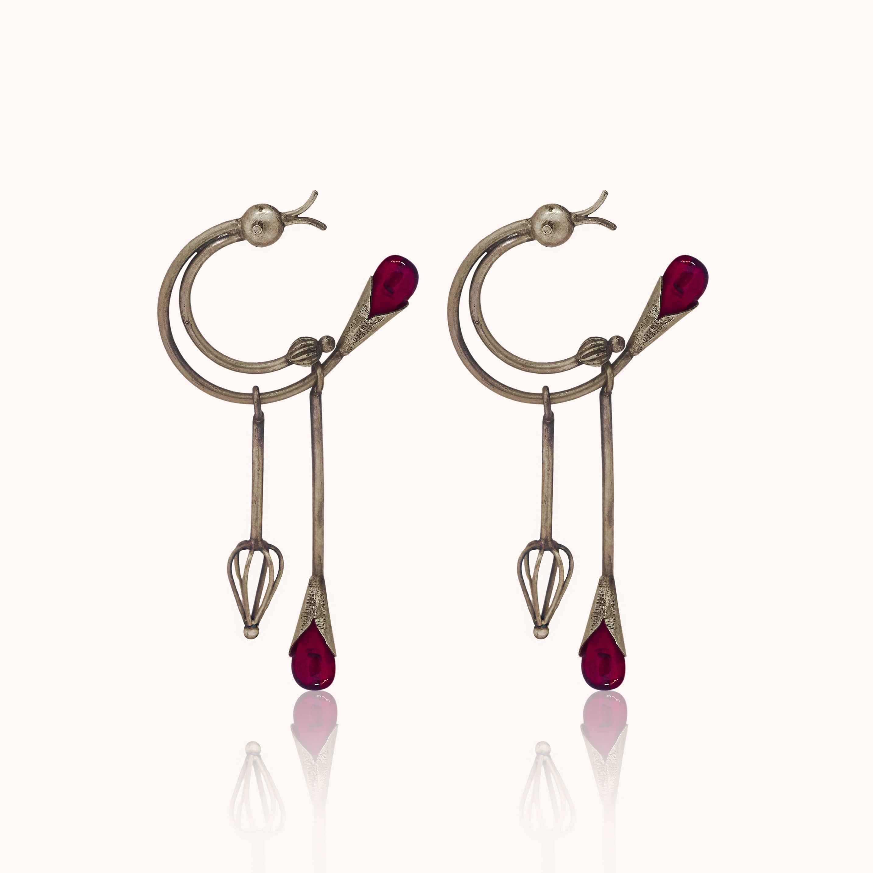 Ruby Stone Dual Drop 925 Silver Oxidised Earrings