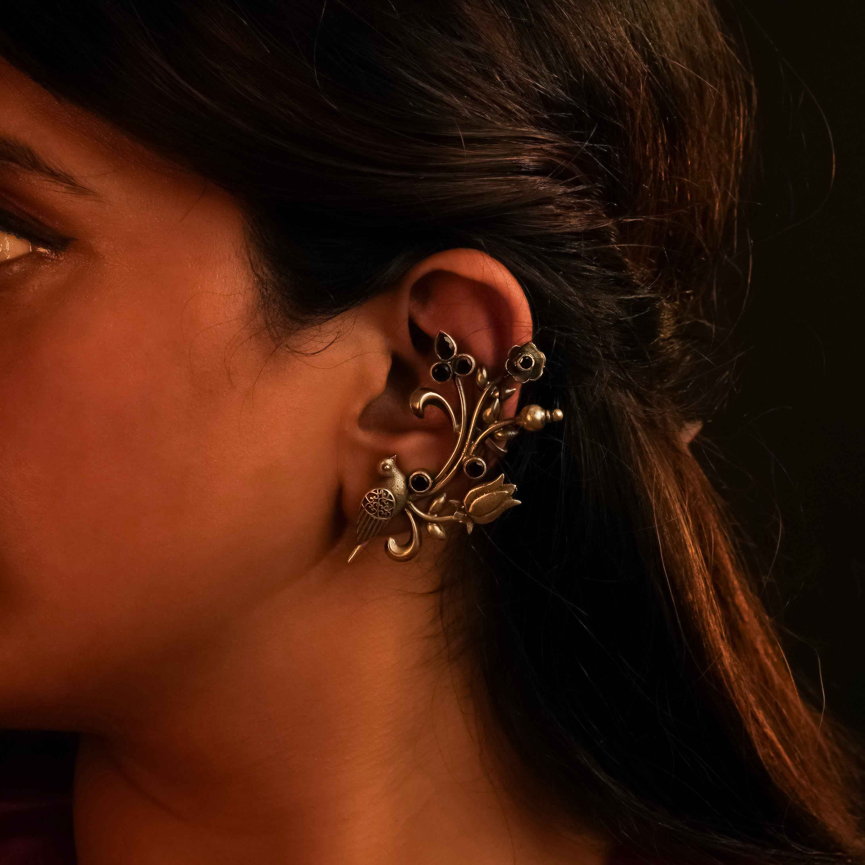 Bird & Flowers 925 Silver Ear Cuff With Black Accents