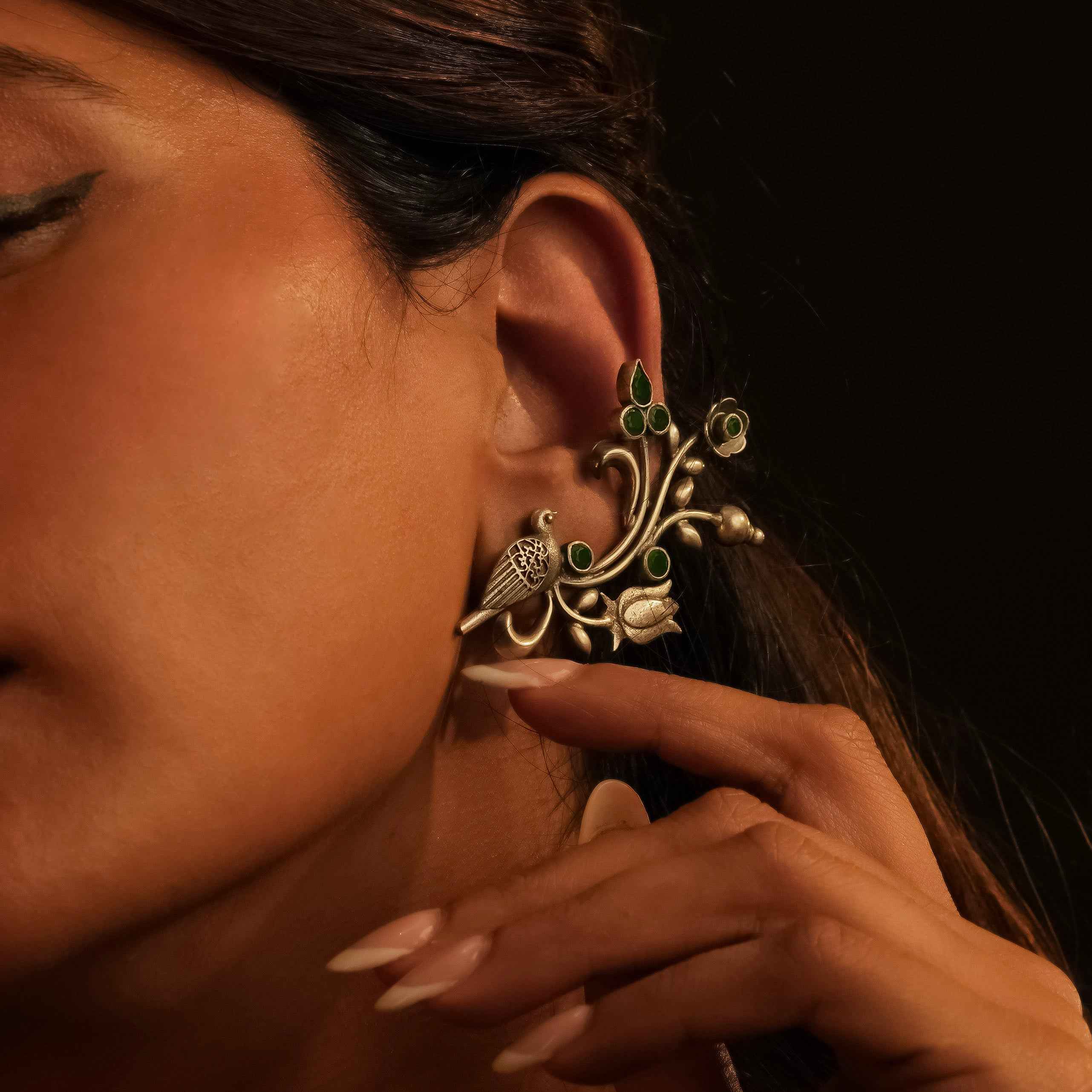 Bird & Flowers 925 Silver Ear Cuff With Green Stones