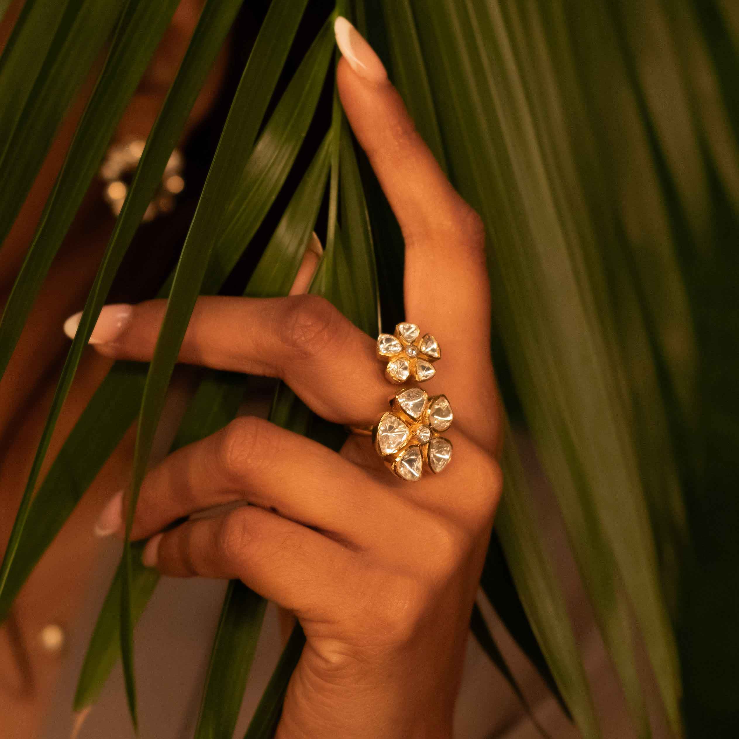 Moissanite Polki Adjustable 925 Silver Floral Ring