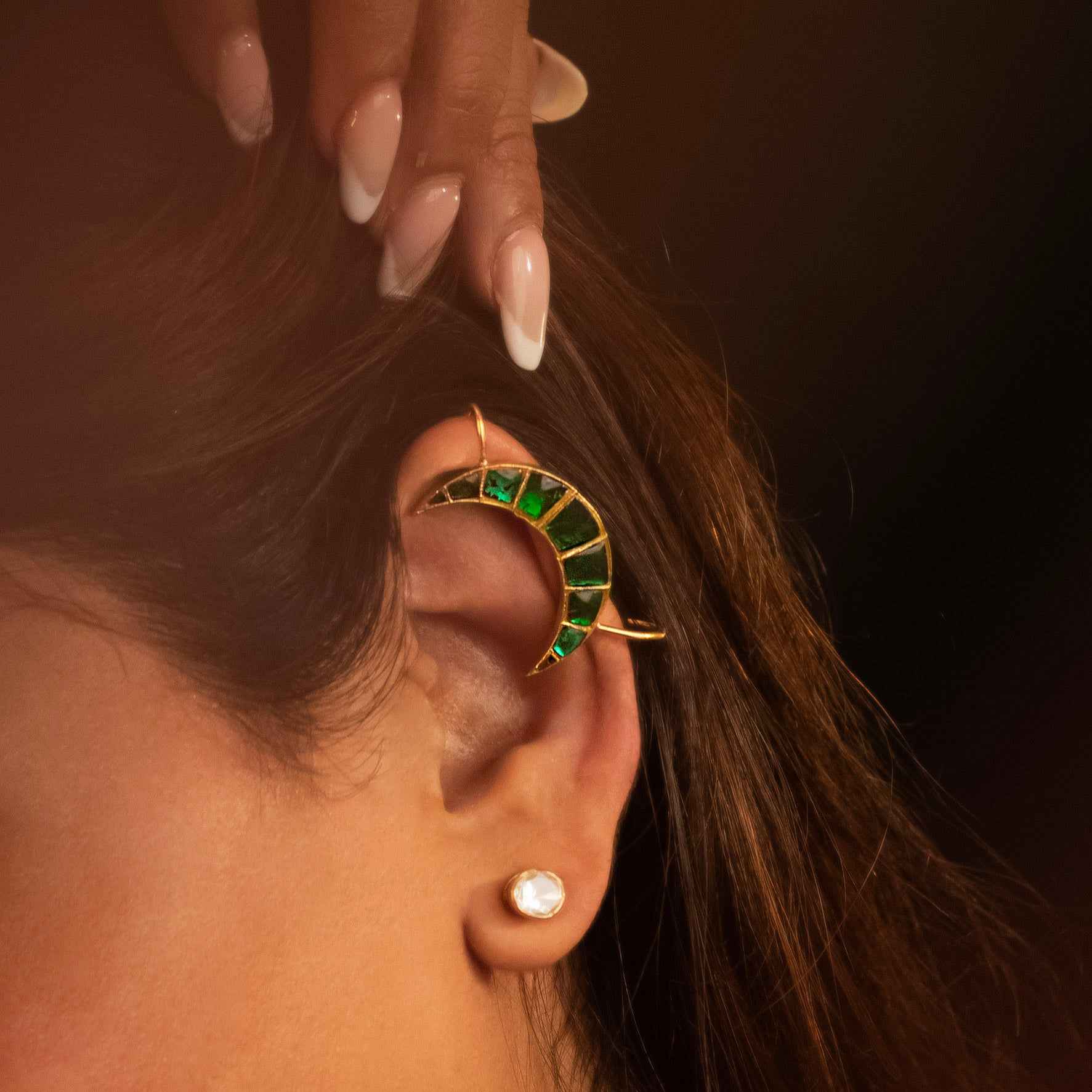 Emerald Kundan Moon 925 Silver Ear Cuff