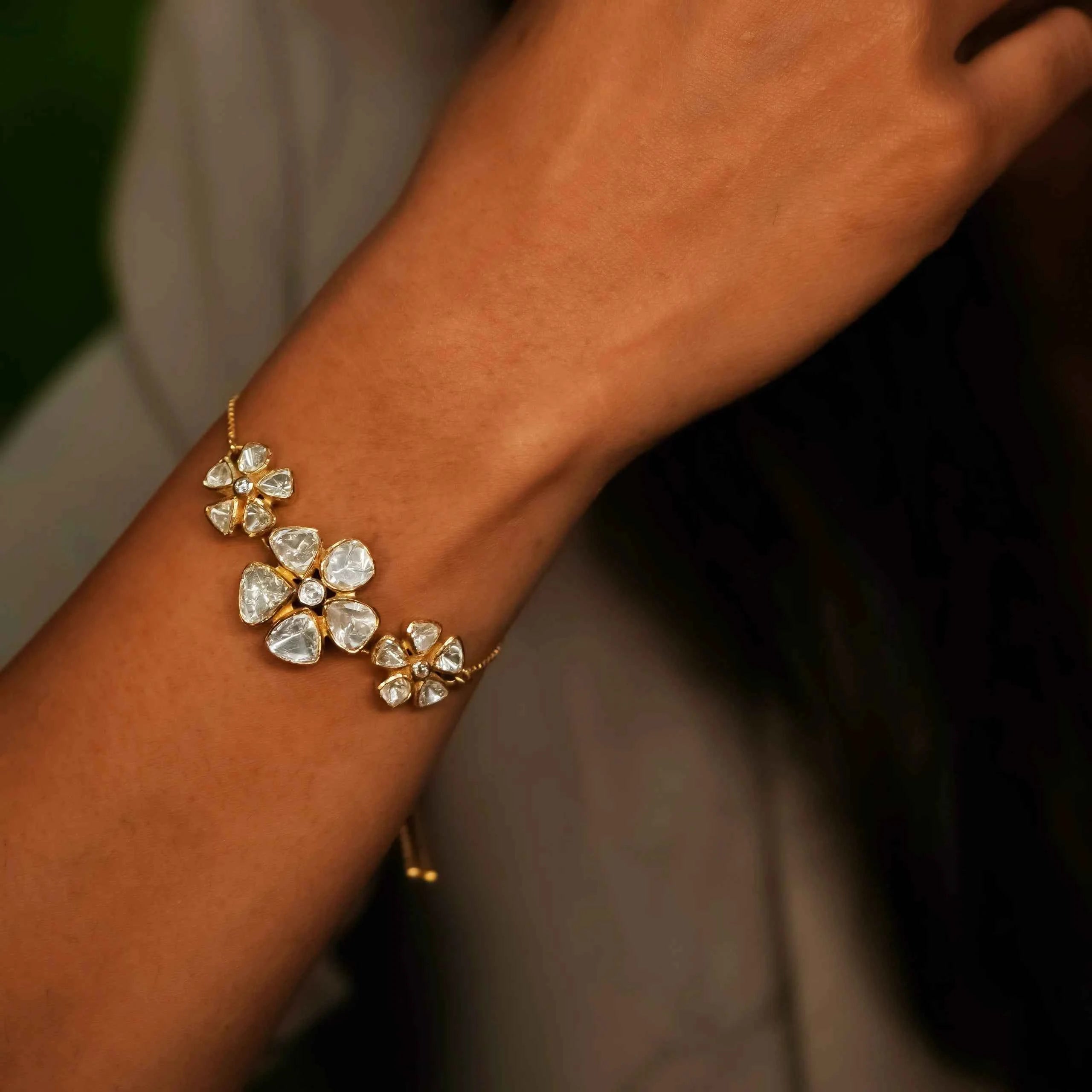 Floral Kundan Polki 925 Silver Bracelet with 22K Gold Plating
