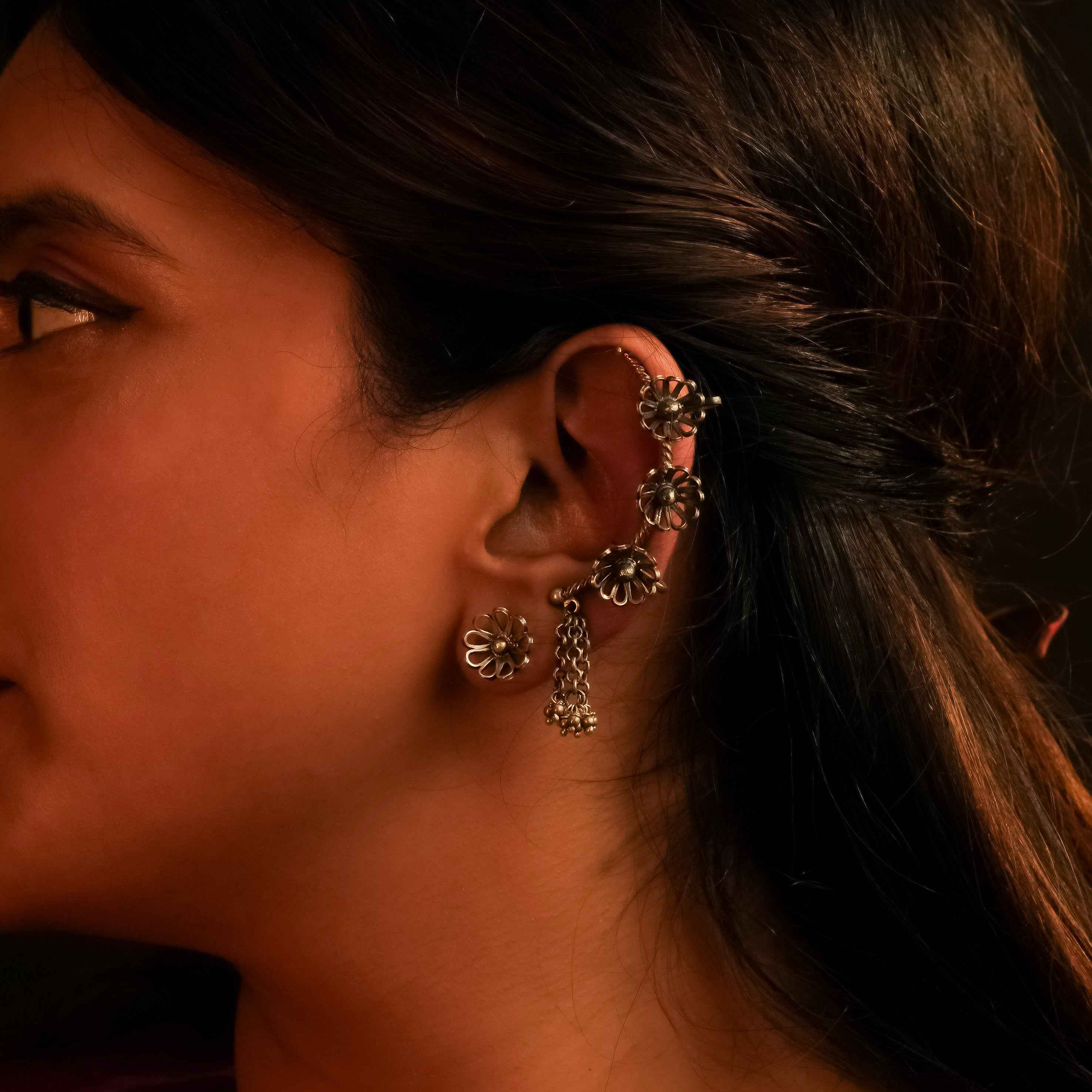Oxidized Sterling Silver Floral Ear Cuff