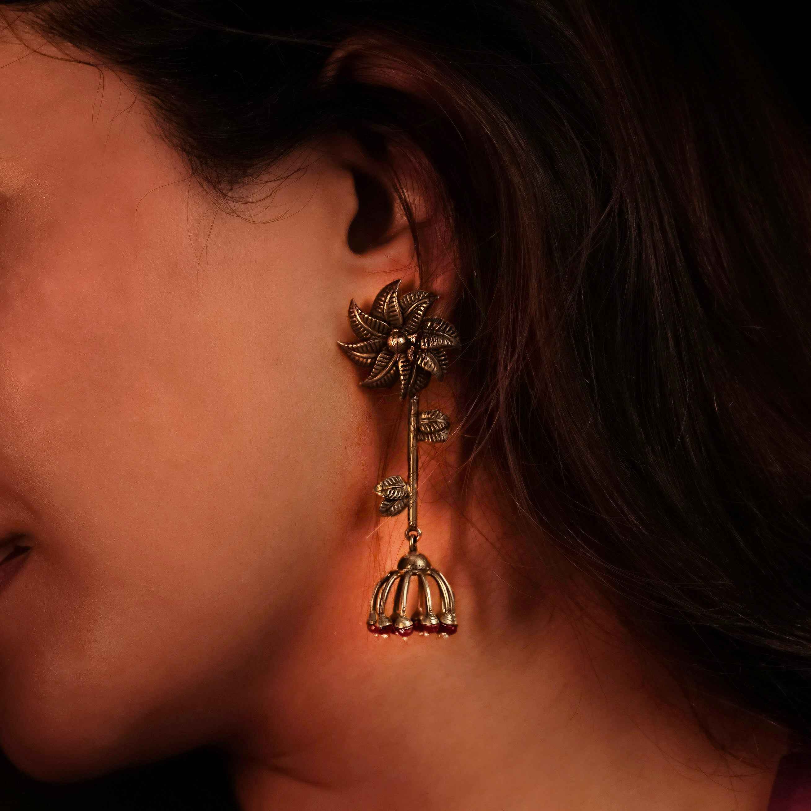 Floral Drop Oxidised Silver Earrings with Ruby Beads