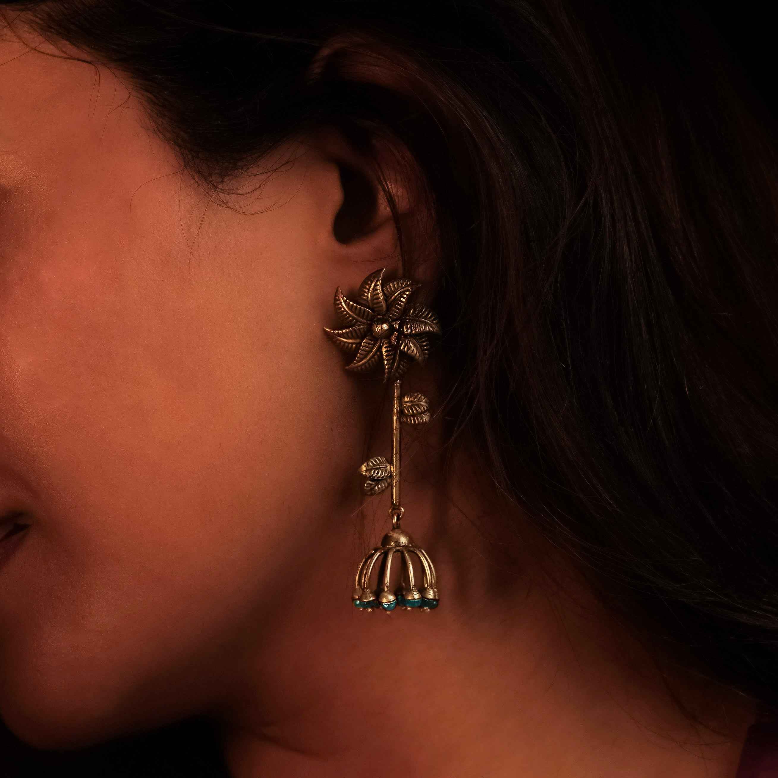 Floral Drop Oxidised Silver Earrings with Turquoise Beads