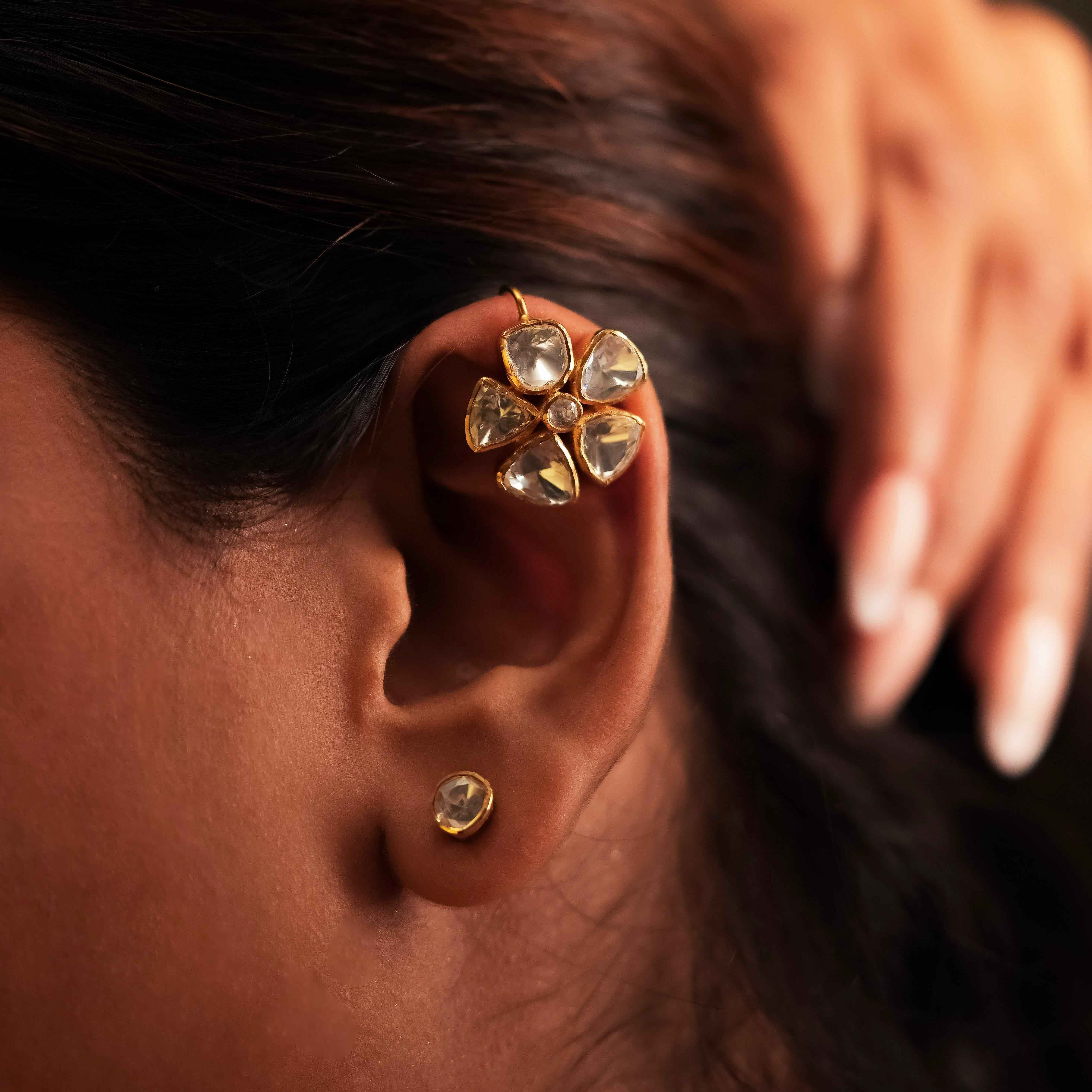 Moissanite Polki Floral 925 Silver Ear Cuff