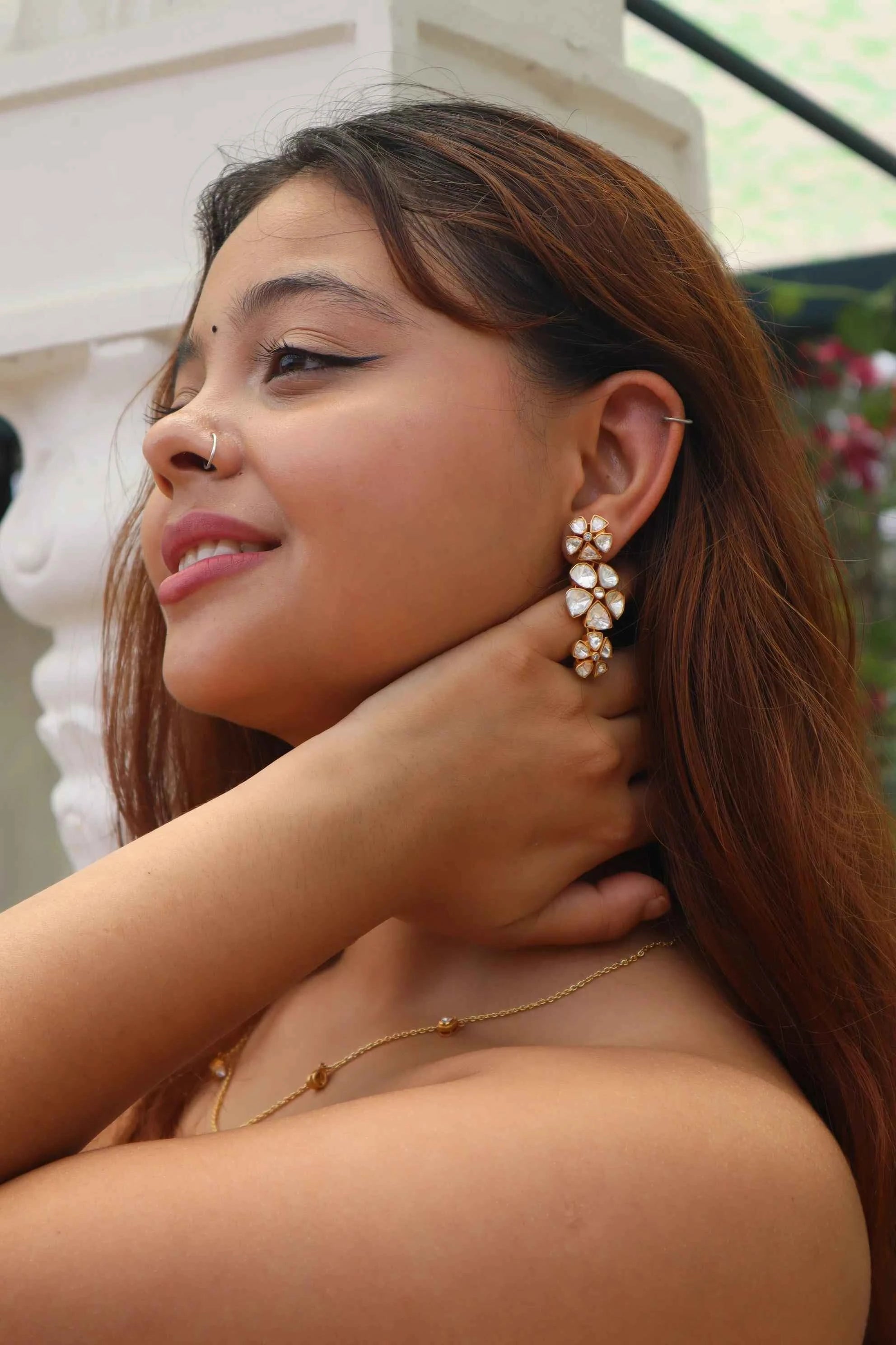 Moissanite Polki Floral Dangler Earrings in 925 Silver