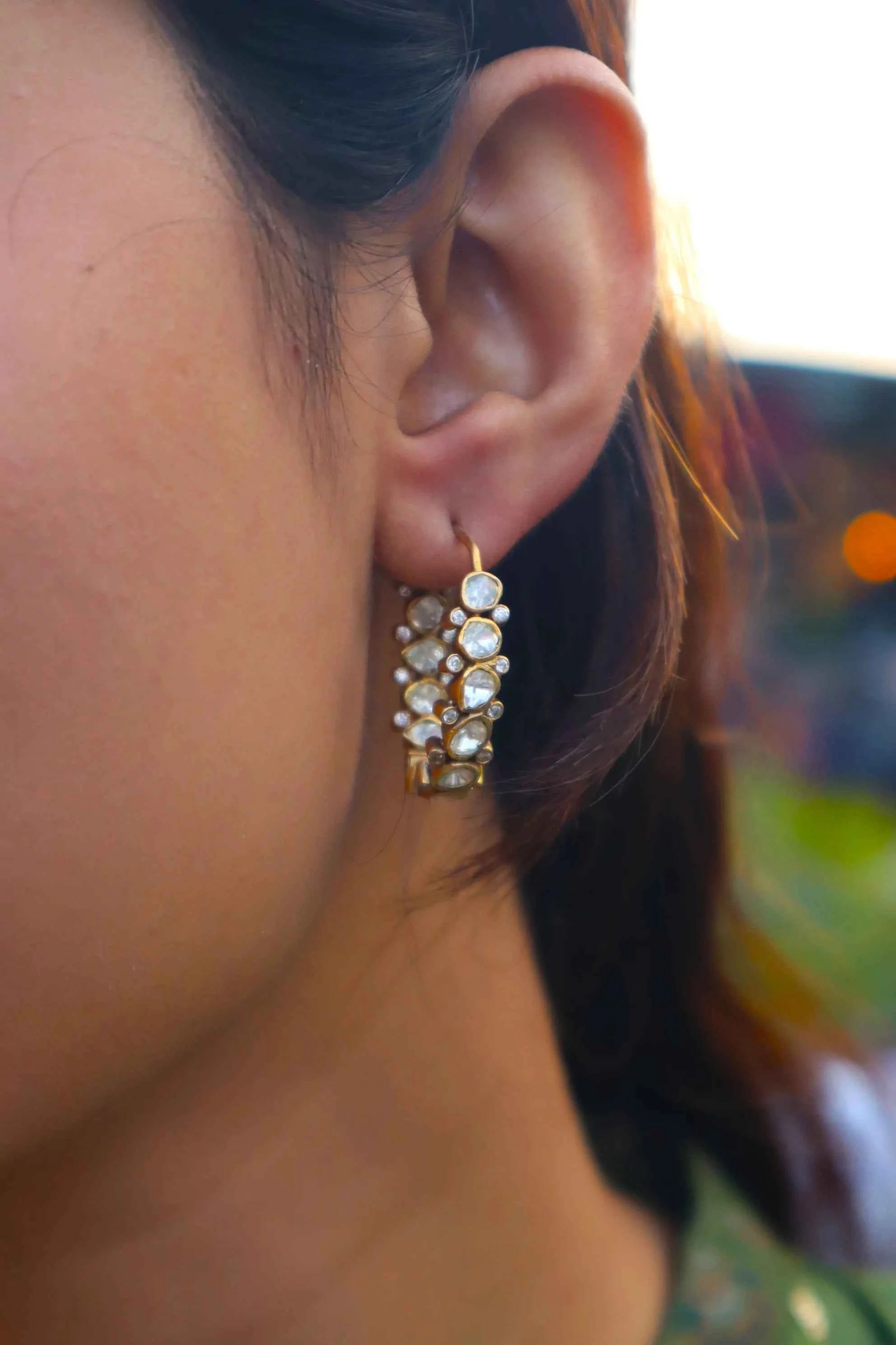 Moissanite Polki Hoop Earrings in 925 Silver & 22K Gold Plating