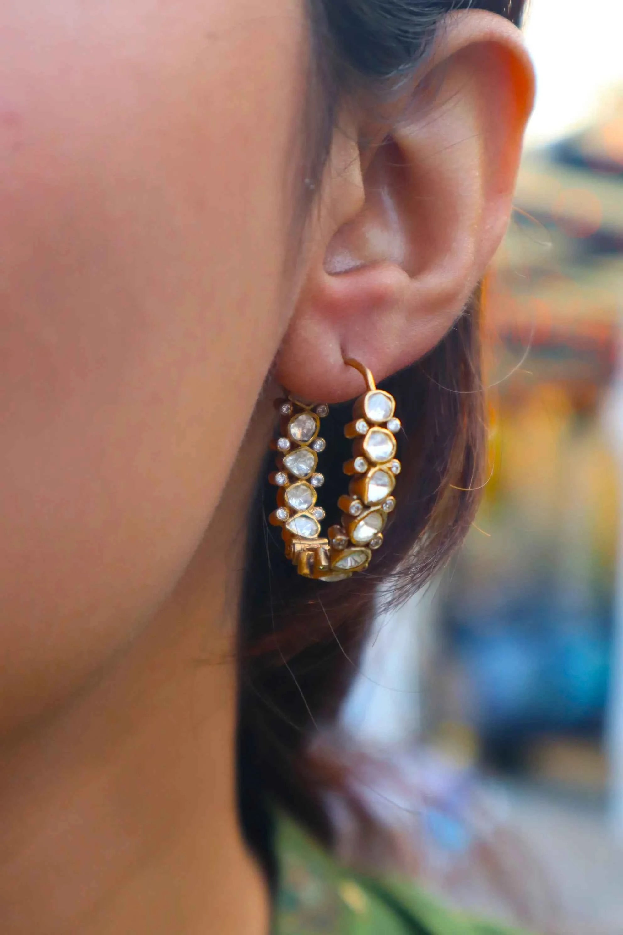 Moissanite Polki Hoop Earrings in 925 Silver & 22K Gold Plating