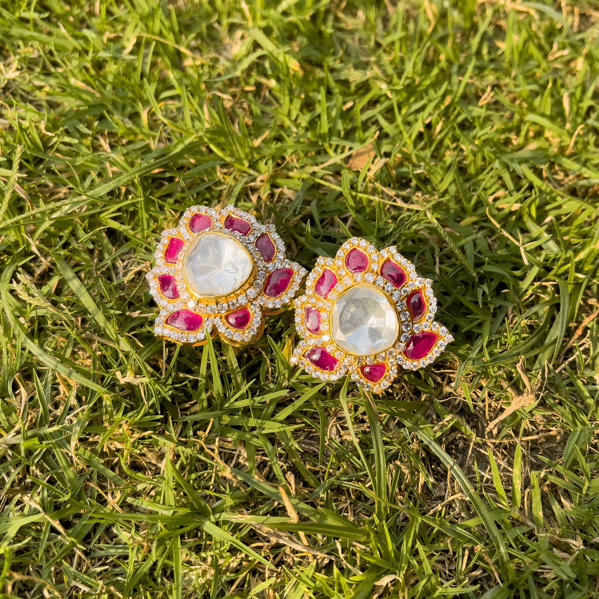 Lotus Bloom Polki Earrings With Ruby