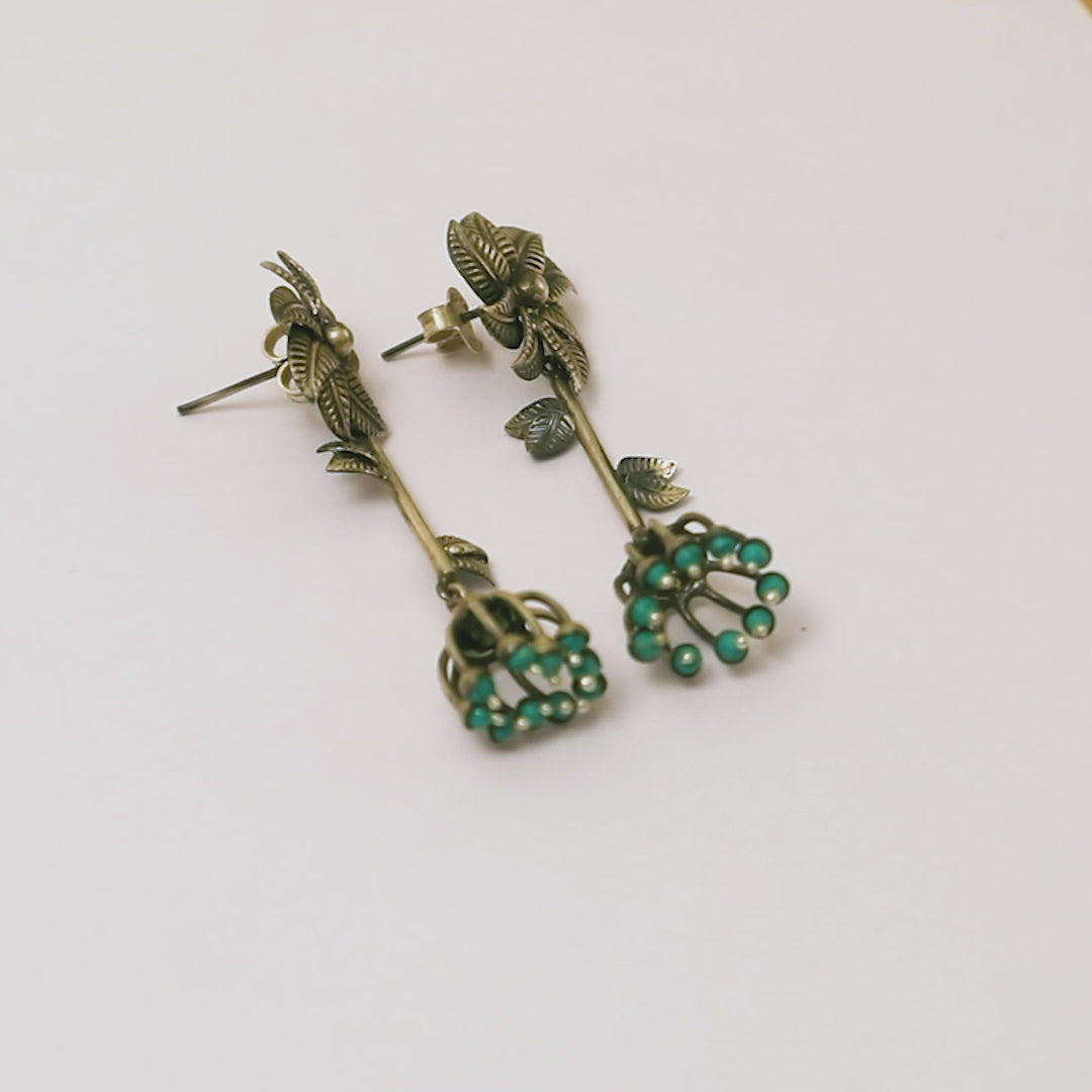 Floral Drop Oxidised Silver Earrings with Turquoise Beads