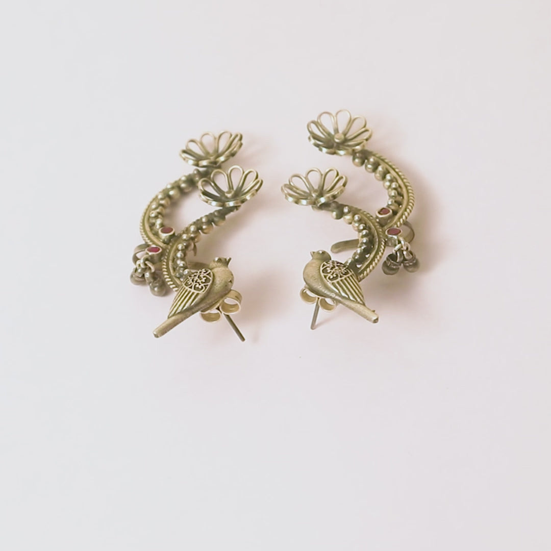 Floral Bird Sterling Silver Ear Cuff in Oxidized Finish