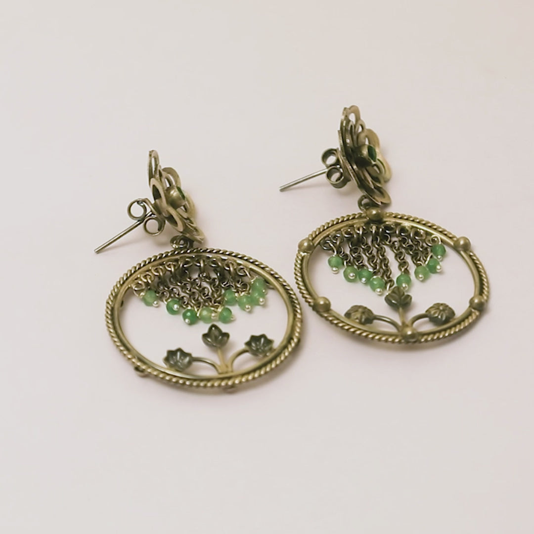 Floral Dangling Oxidized Silver Earrings with Green Beads