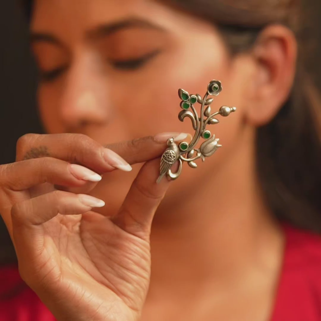 Bird & Flowers 925 Silver Ear Cuff With Green Stones